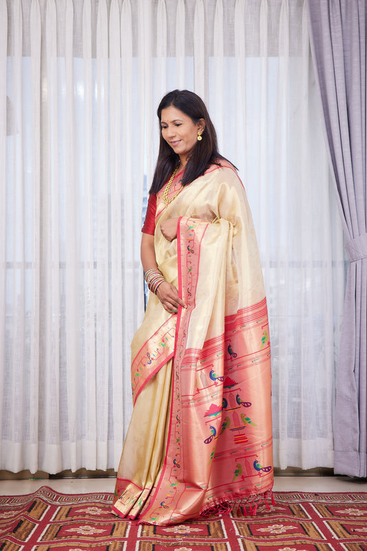 Off White Silk Blend Tissue  Paithani Saree with unstitched blouse