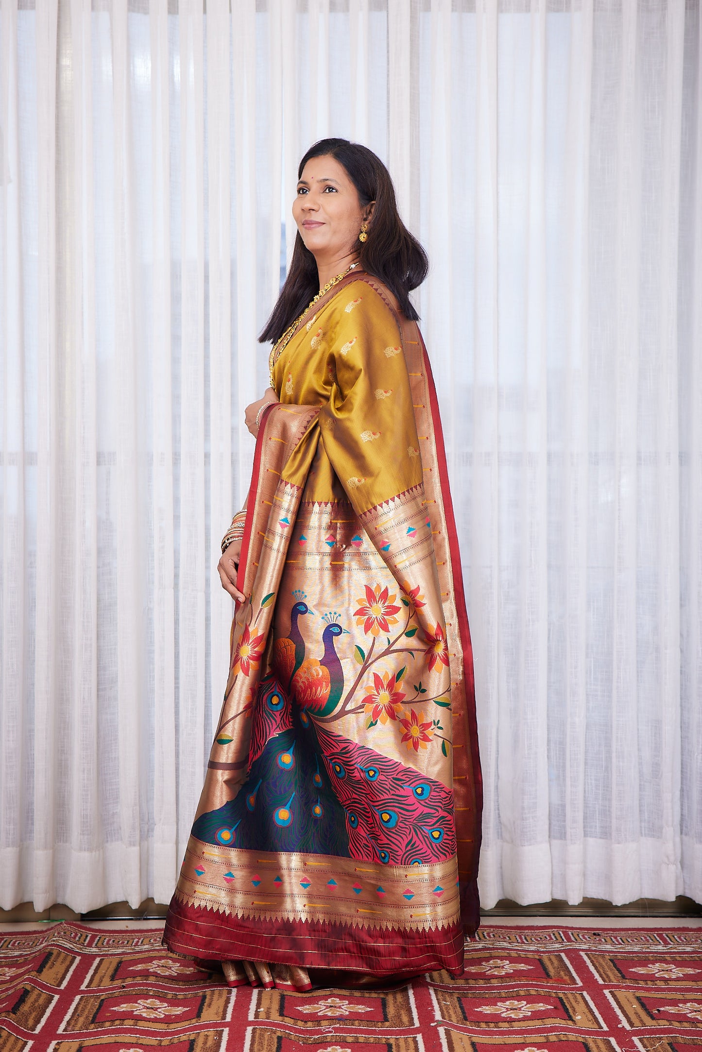 Mustard Kanjivaram Semi Soft Silk Paithani Saree with unstitched blouse