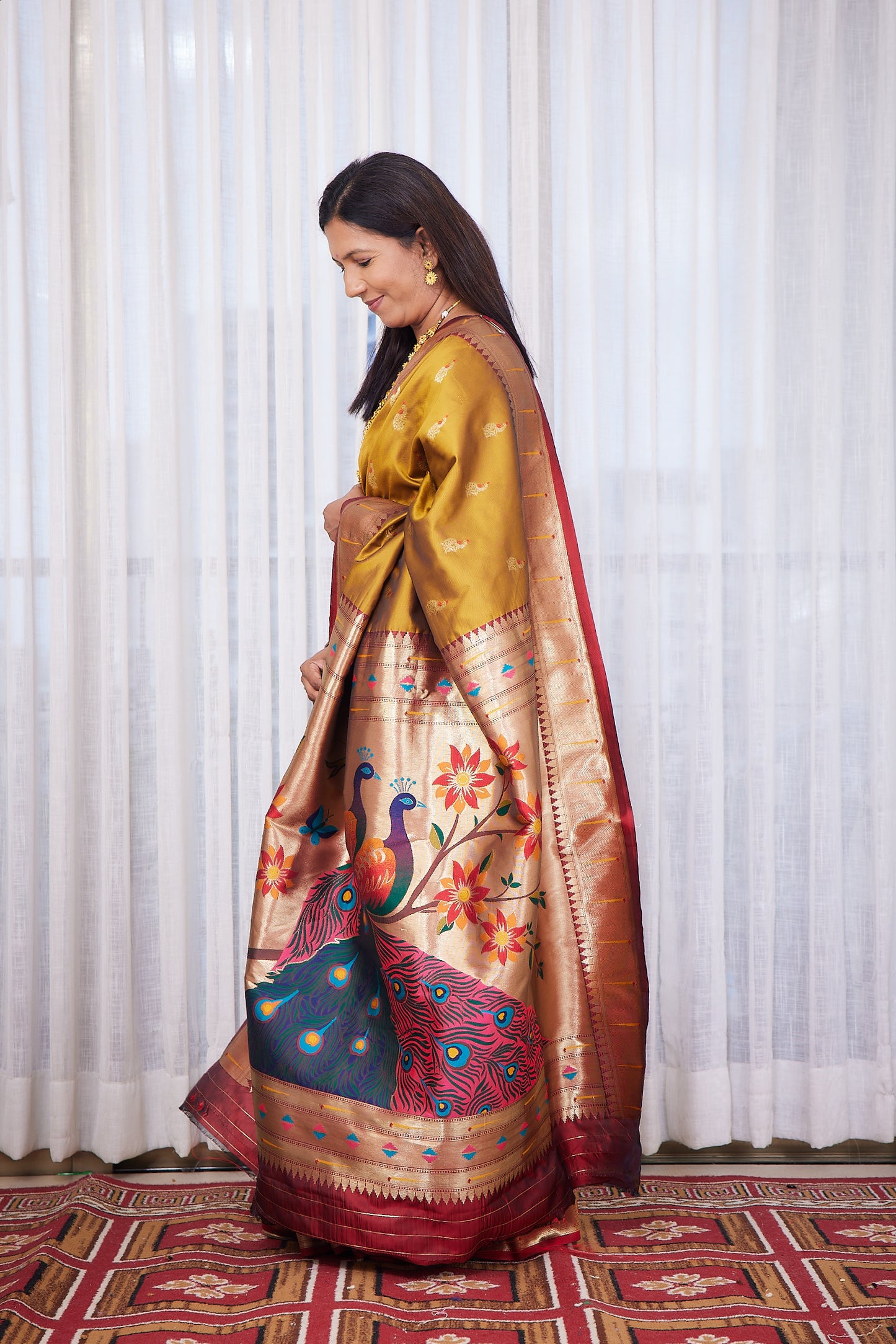 Mustard Kanjivaram Semi Soft Silk Paithani Saree with unstitched blouse