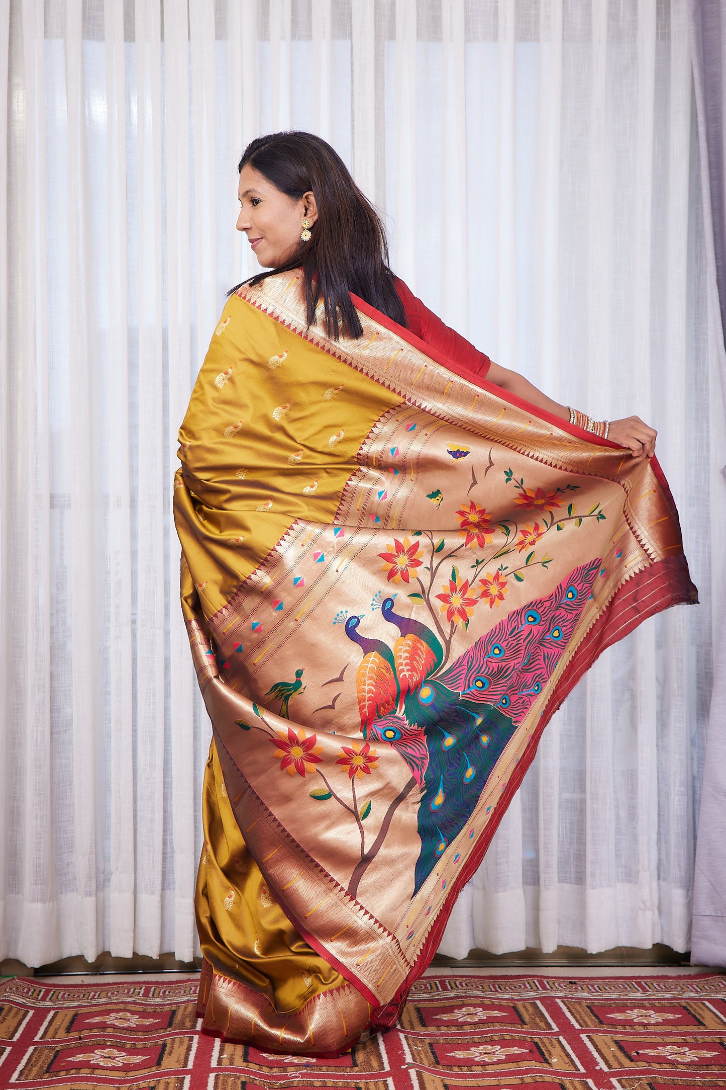 Mustard Kanjivaram Semi Soft Silk Paithani Saree with unstitched blouse