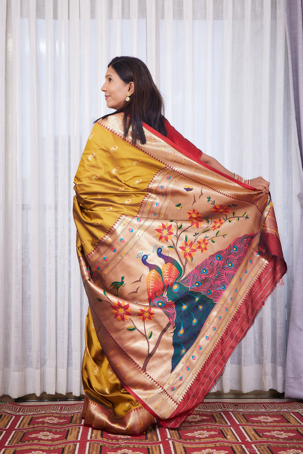 Antique Mustard Twin Peacock Paithani