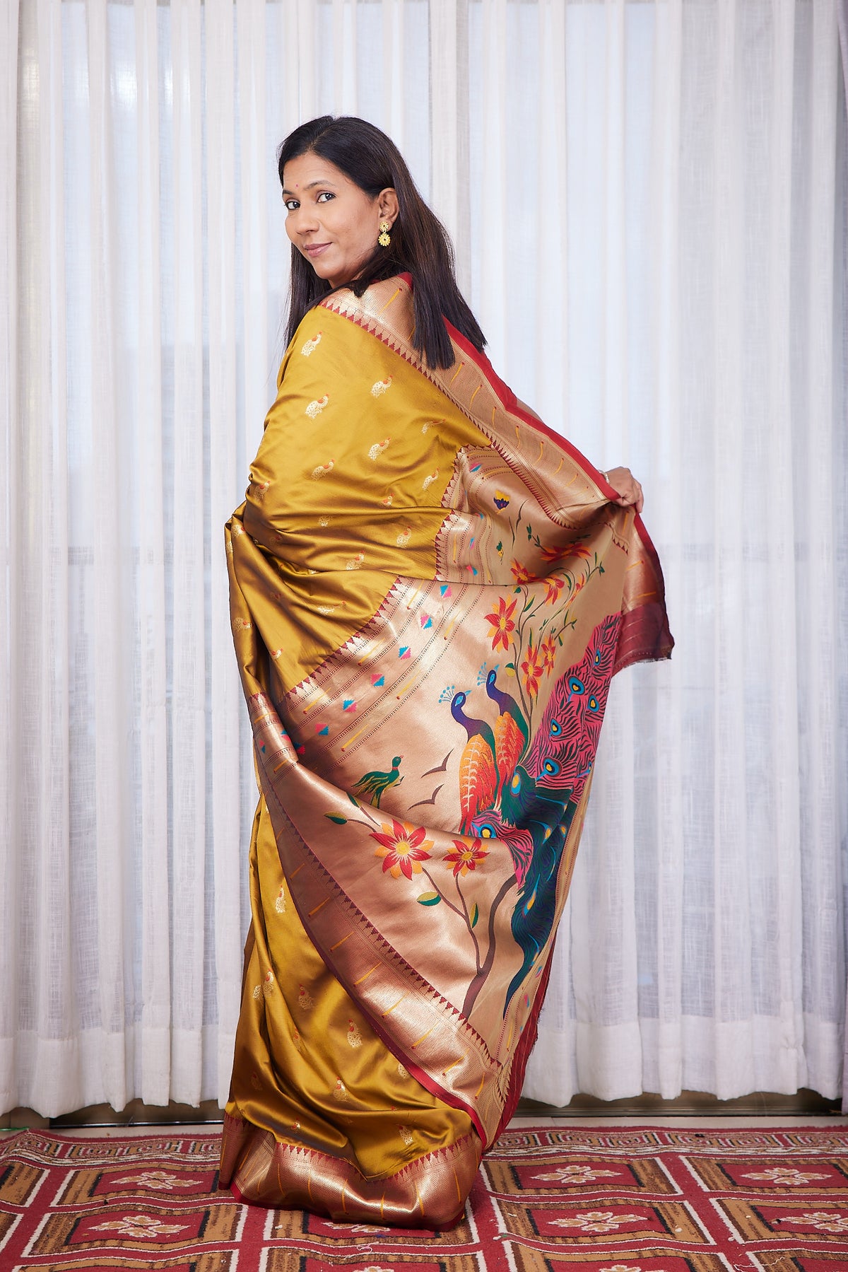 Antique Mustard Twin Peacock Paithani