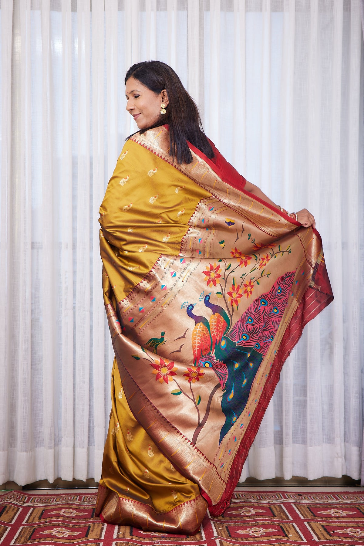 Antique Mustard Twin Peacock Paithani