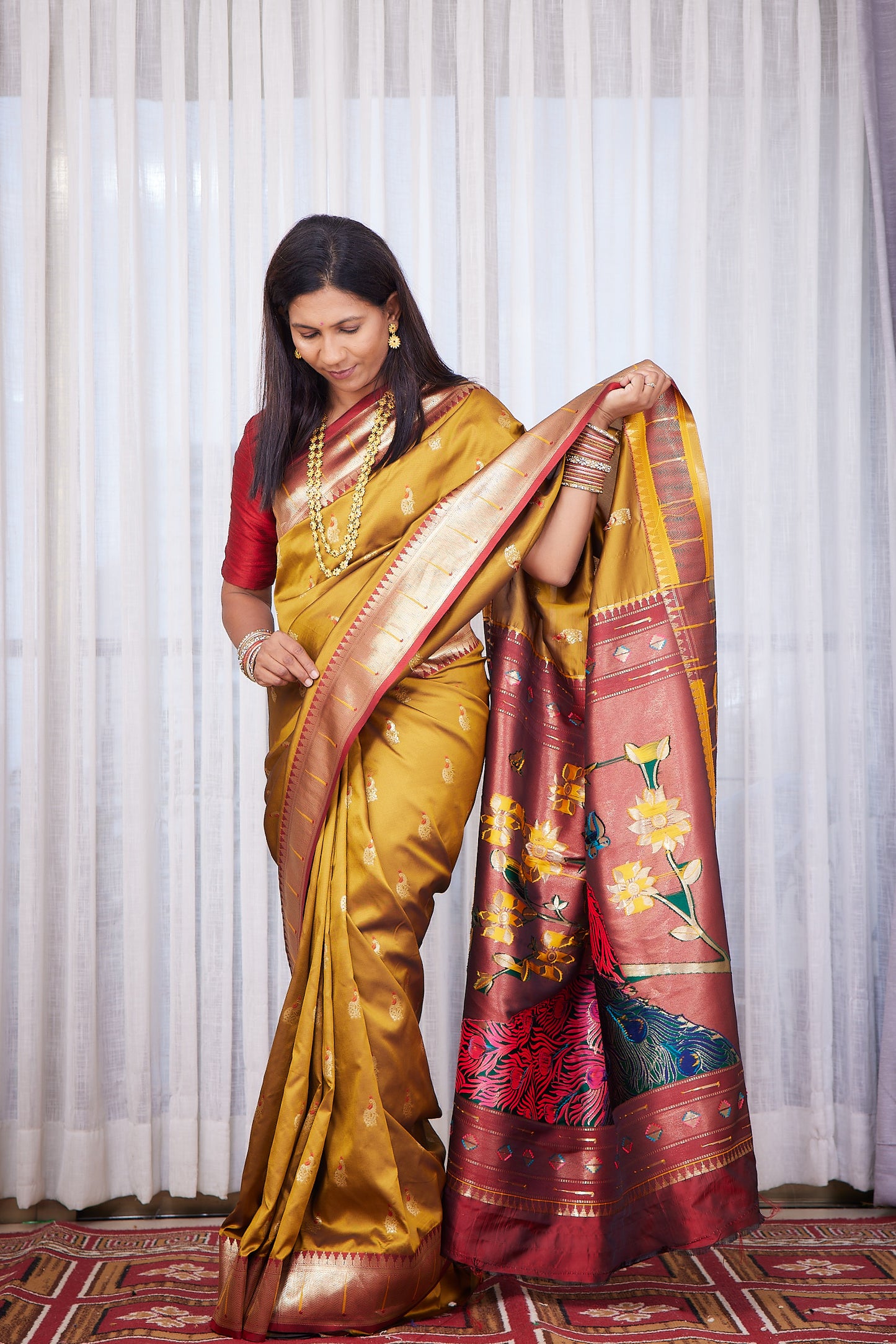 Mustard Kanjivaram Semi Soft Silk Paithani Saree with unstitched blouse