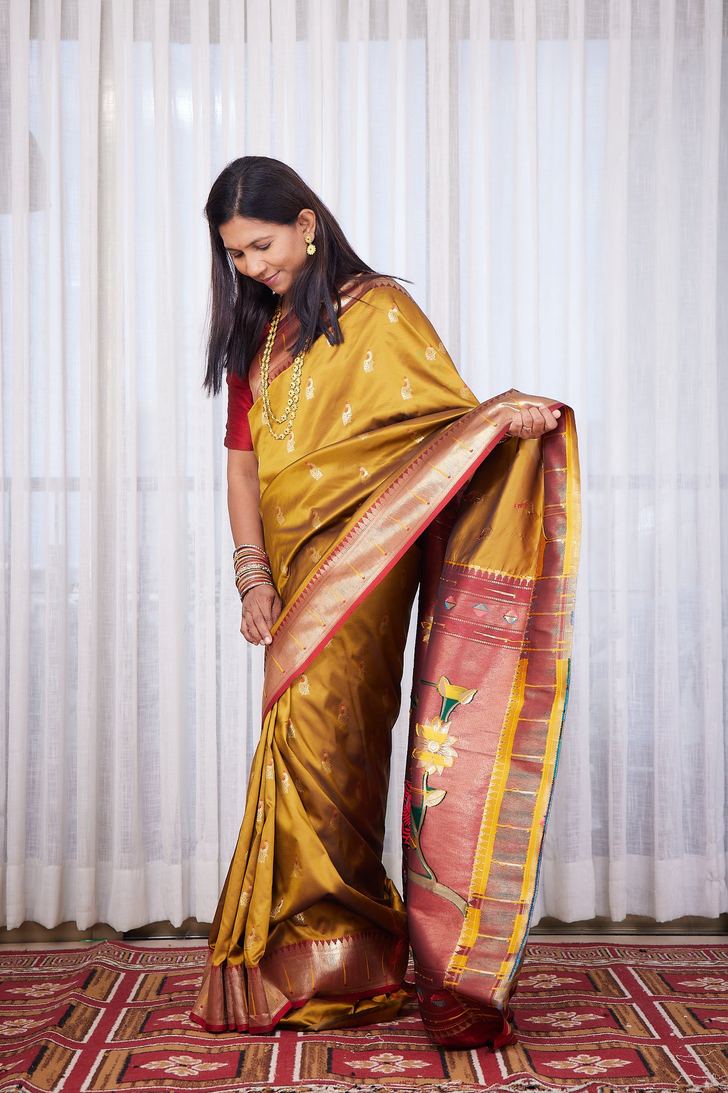 Mustard Kanjivaram Semi Soft Silk Paithani Saree with unstitched blouse