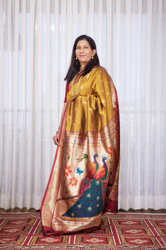 Mustard Kanjivaram Semi Soft Silk Paithani Saree with unstitched blouse