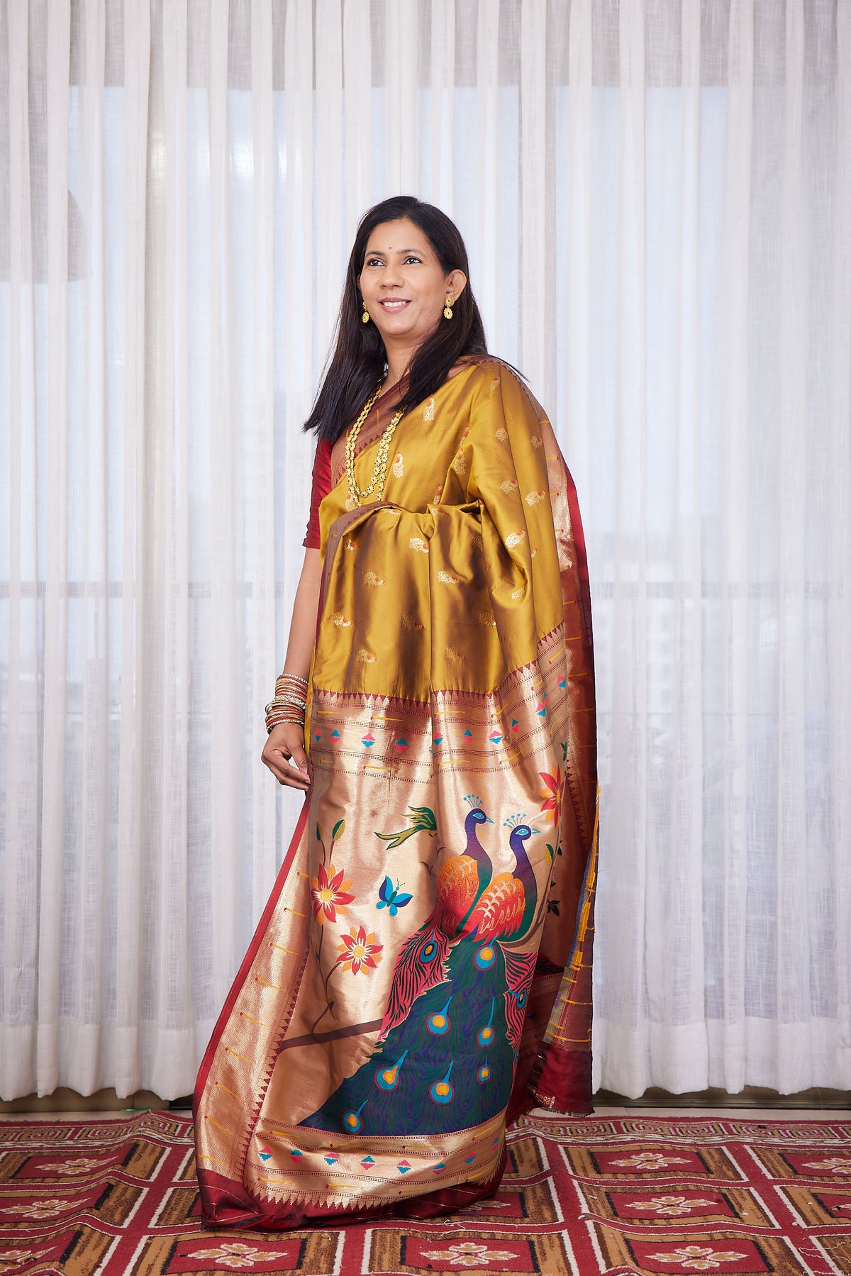 Antique Mustard Twin Peacock Paithani
