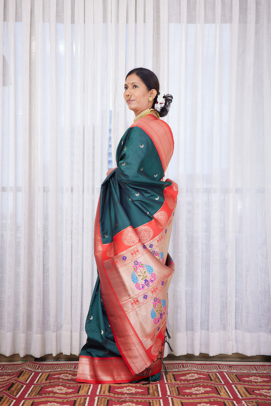 Bottle Green Kanjivaram Silk blend Chandarkor Paithani Saree with unstitched blouse
