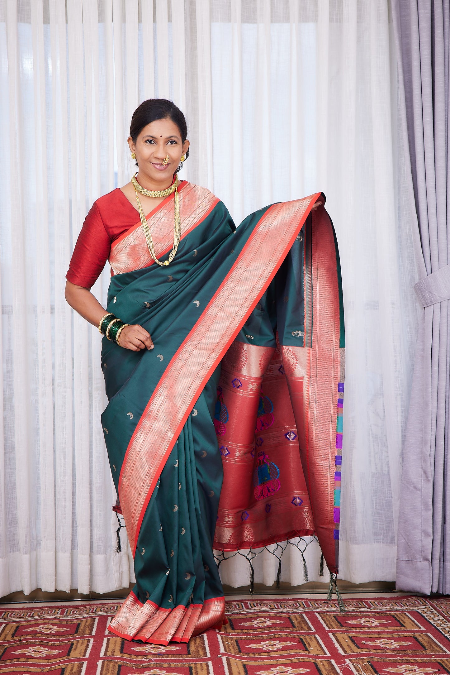 Bottle Green Kanjivaram Silk blend Chandarkor Paithani Saree with unstitched blouse