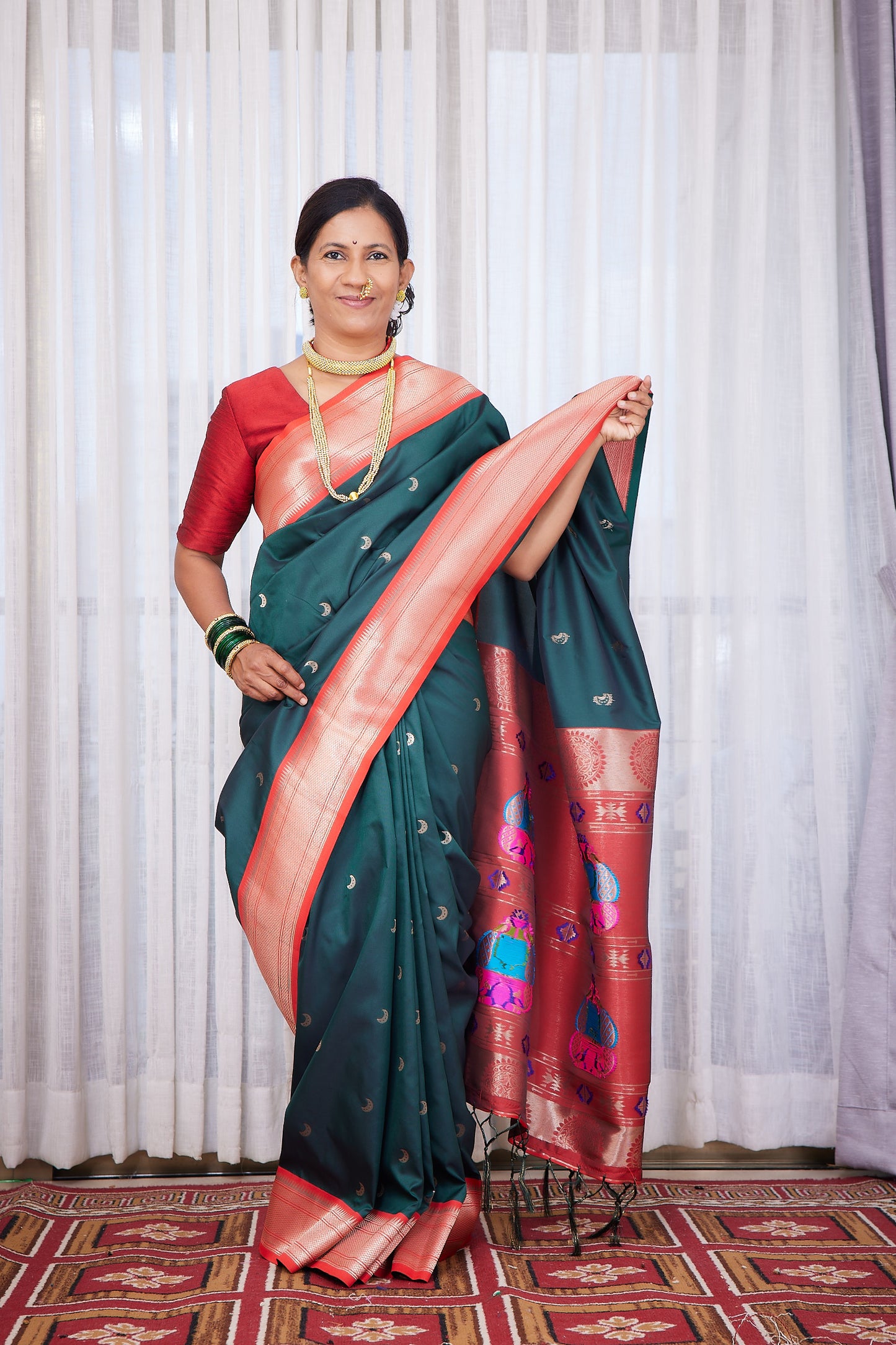 Bottle Green Kanjivaram Silk blend Chandarkor Paithani Saree with unstitched blouse