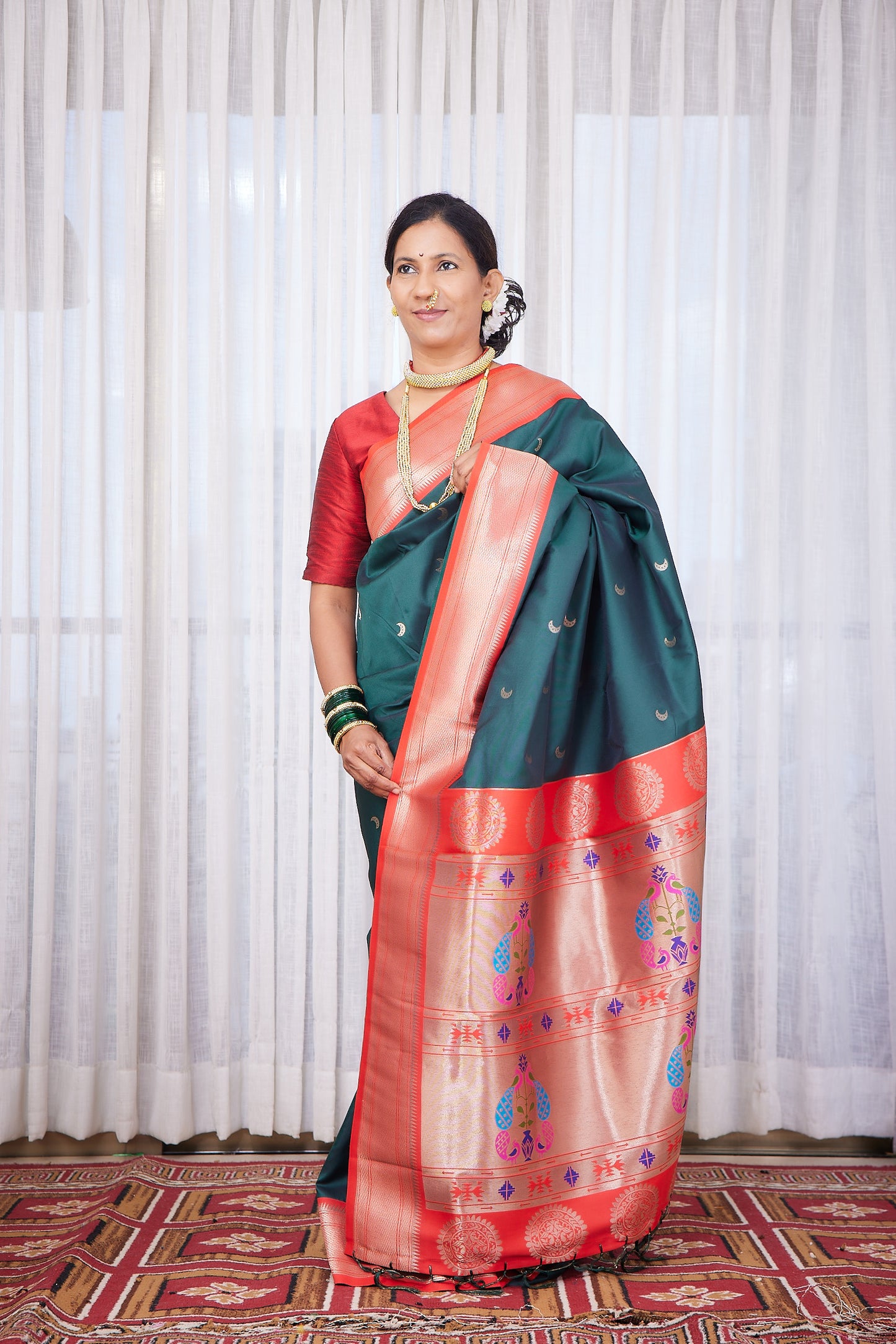 Bottle Green Kanjivaram Silk blend Chandarkor Paithani Saree with unstitched blouse
