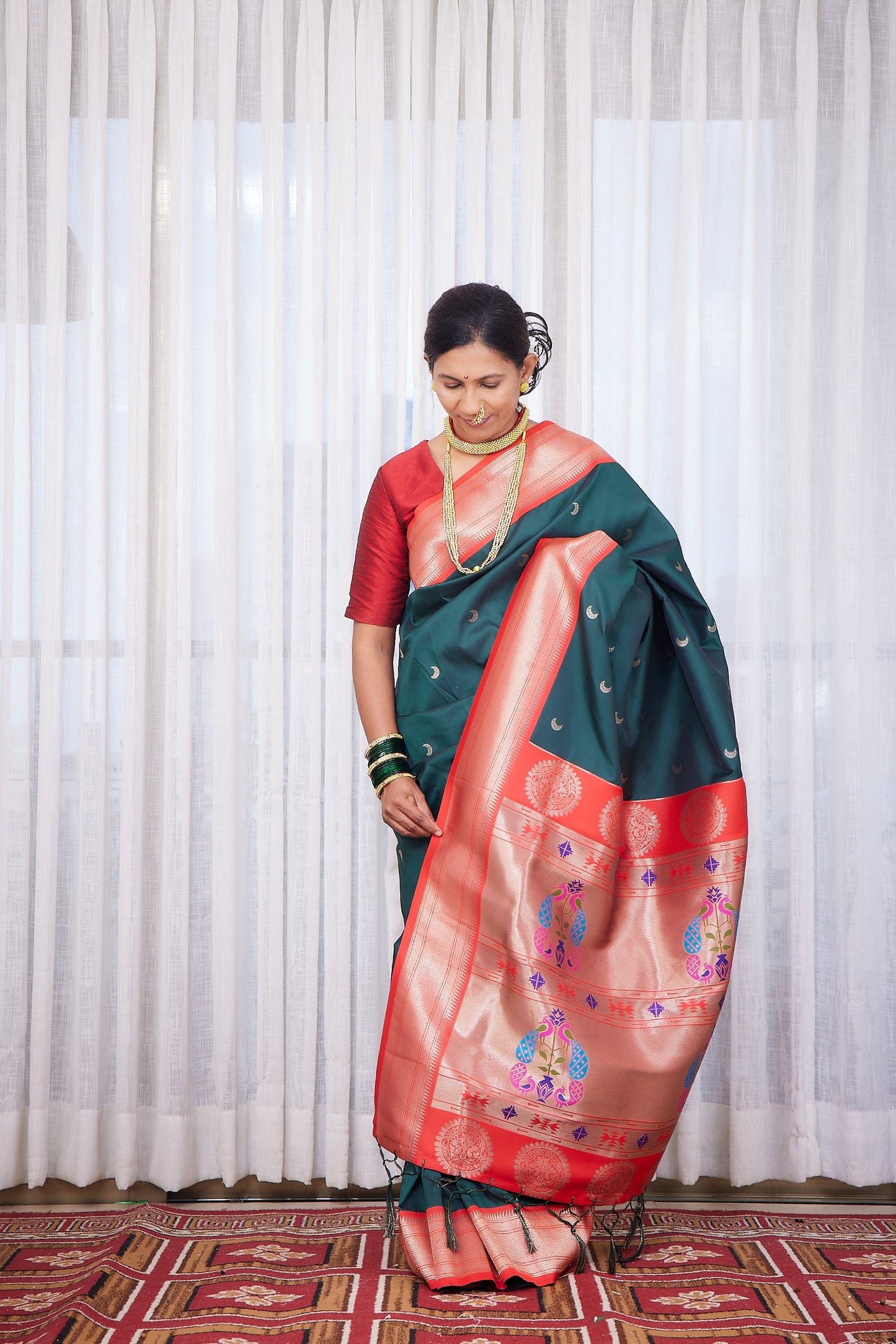 Bottle Green Kanjivaram Silk blend Chandarkor Paithani Saree with unstitched blouse