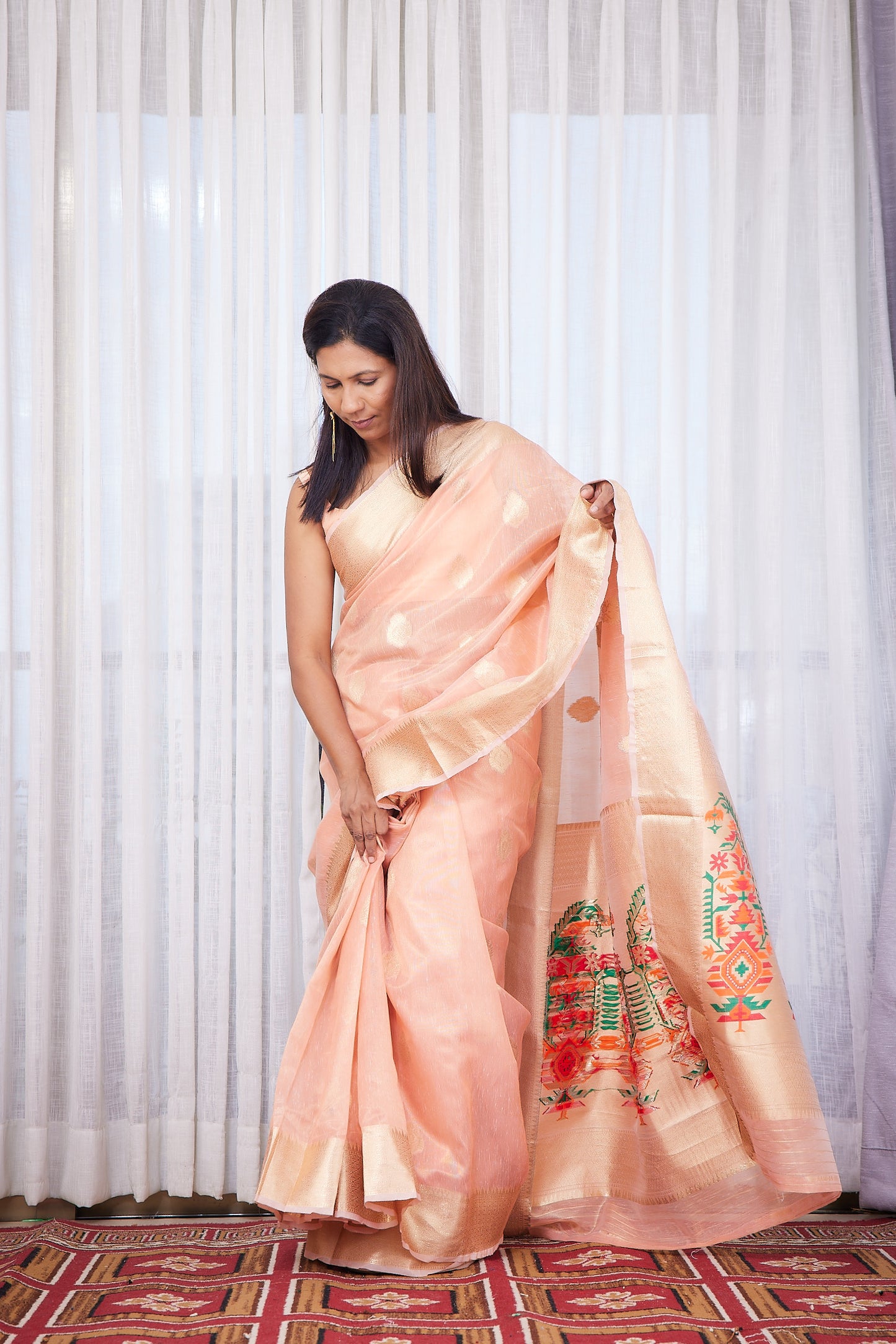 Peach Blush Linen Tissue Blend Paithani