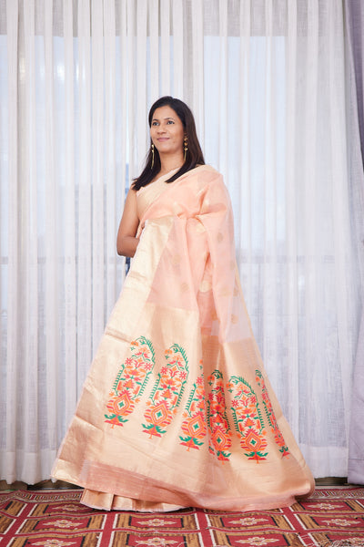Peach Blush Linen Tissue Blend Paithani