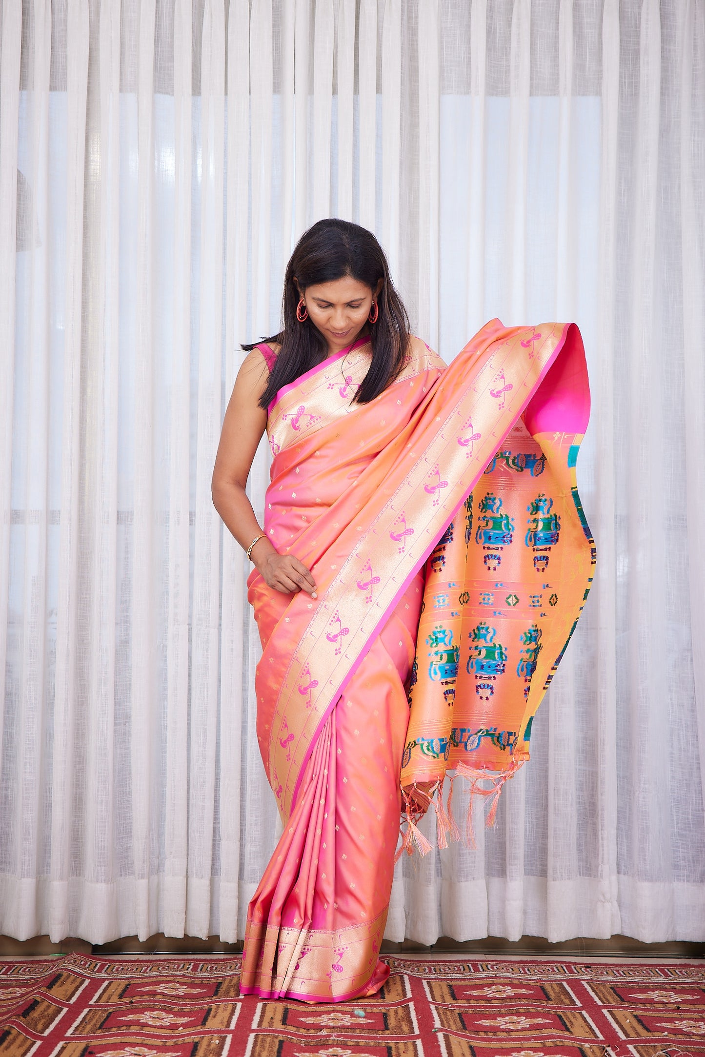 Peach Kanjivaram Silk blend Paithani Saree with unstitched blouse
