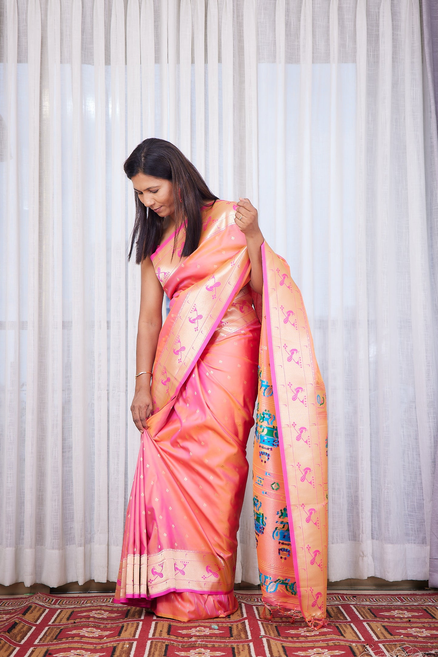 Peach Kanjivaram Silk blend Paithani Saree with unstitched blouse