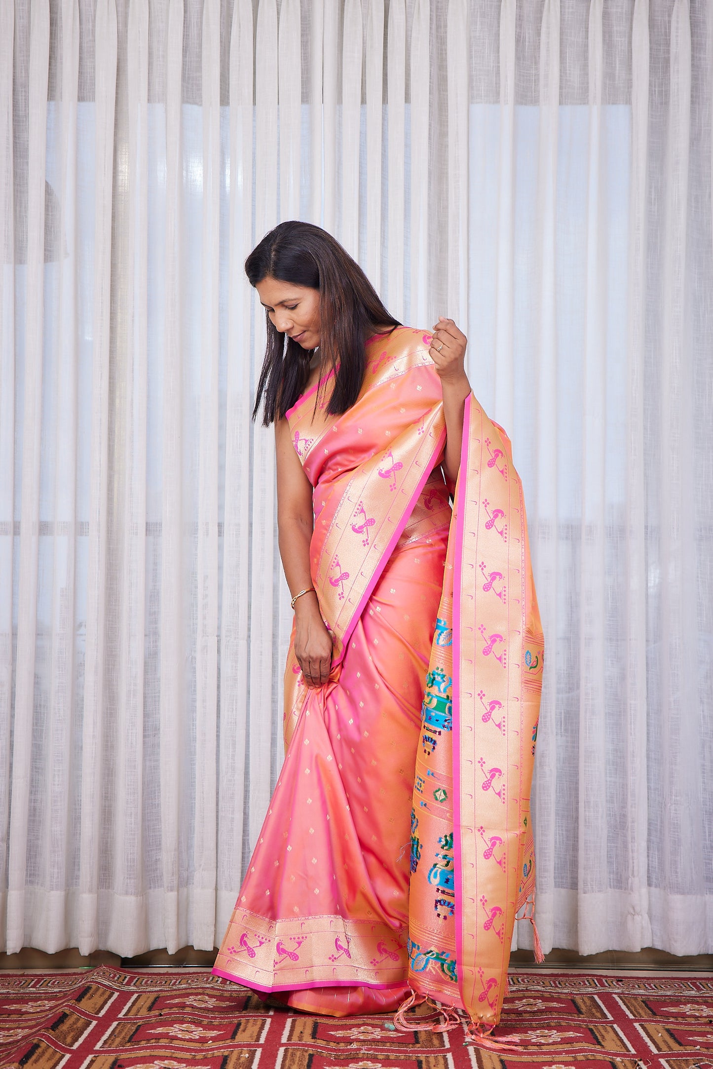 Peach Kanjivaram Silk blend Paithani Saree with unstitched blouse
