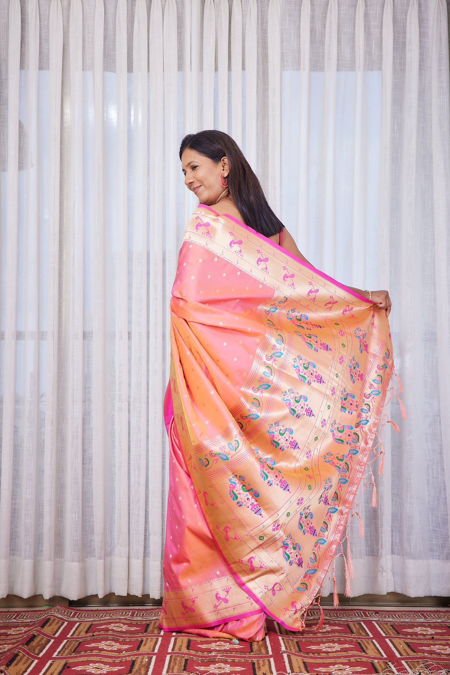 Peach Kanjivaram Silk blend Paithani Saree with unstitched blouse