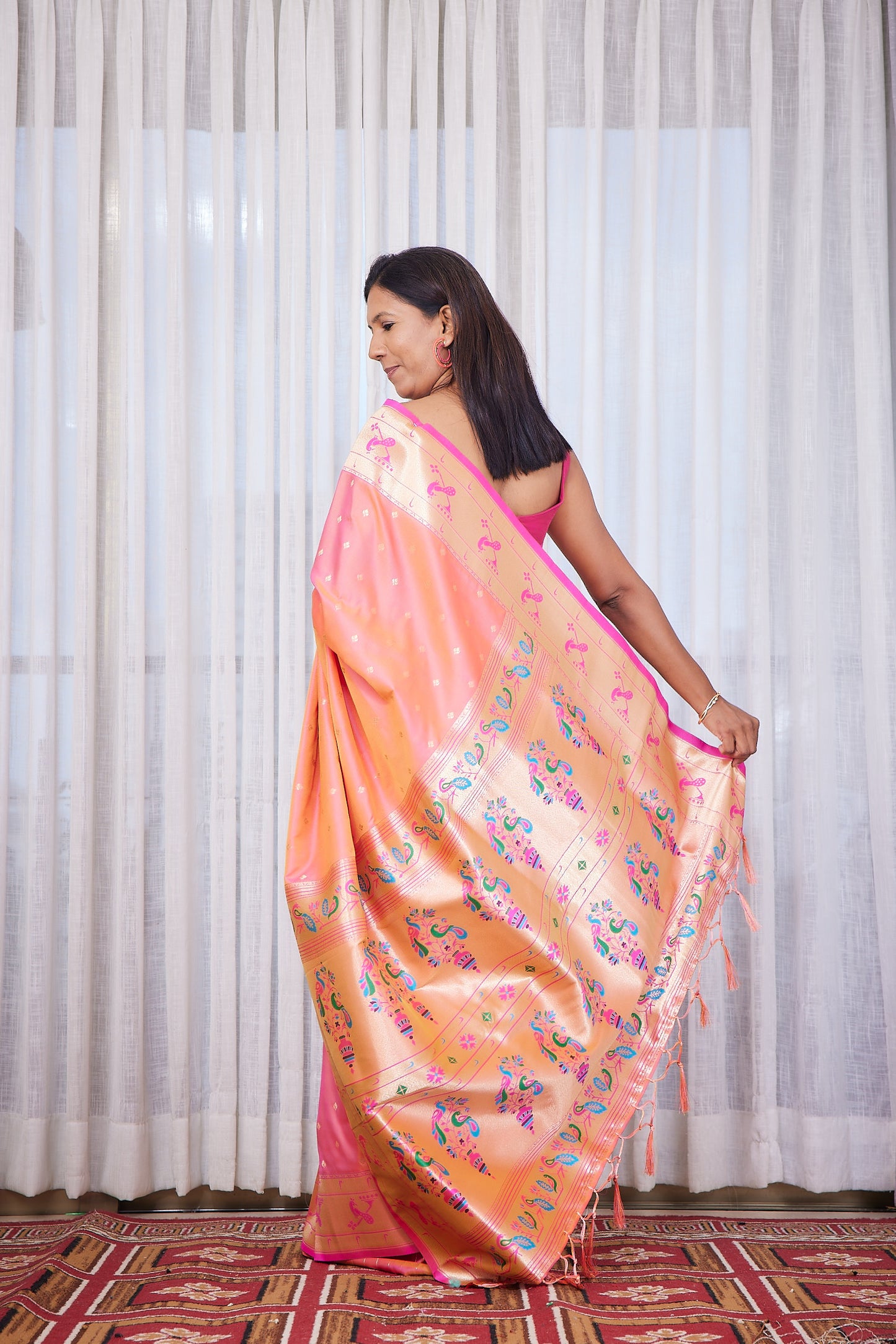 Peach Kanjivaram Silk blend Paithani Saree with unstitched blouse