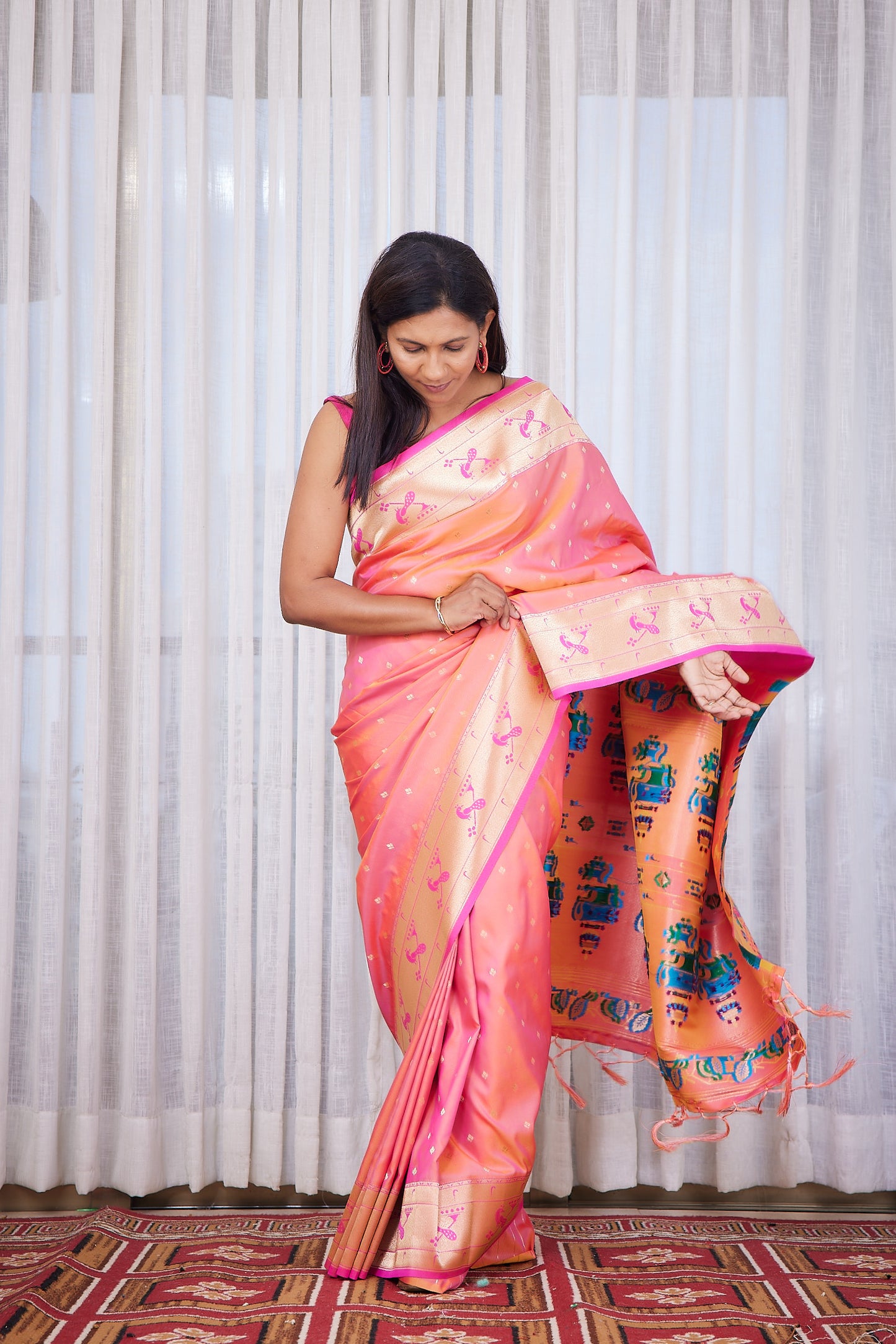 Peach Kanjivaram Silk blend Paithani Saree with unstitched blouse