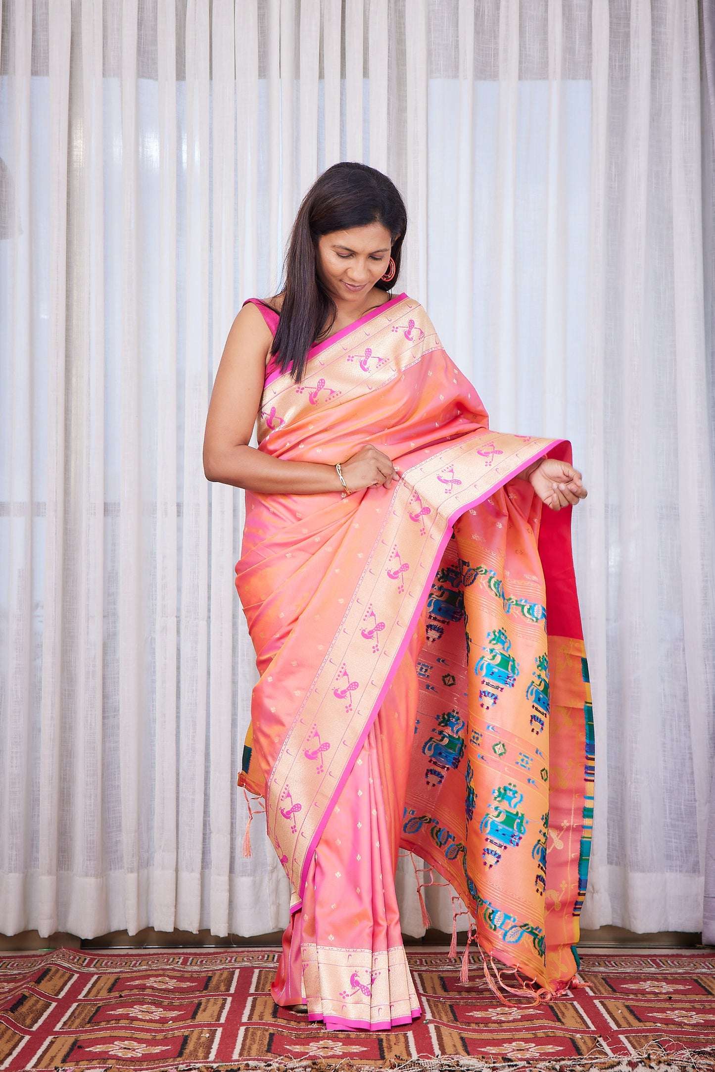 Peach Kanjivaram Silk blend Paithani Saree with unstitched blouse