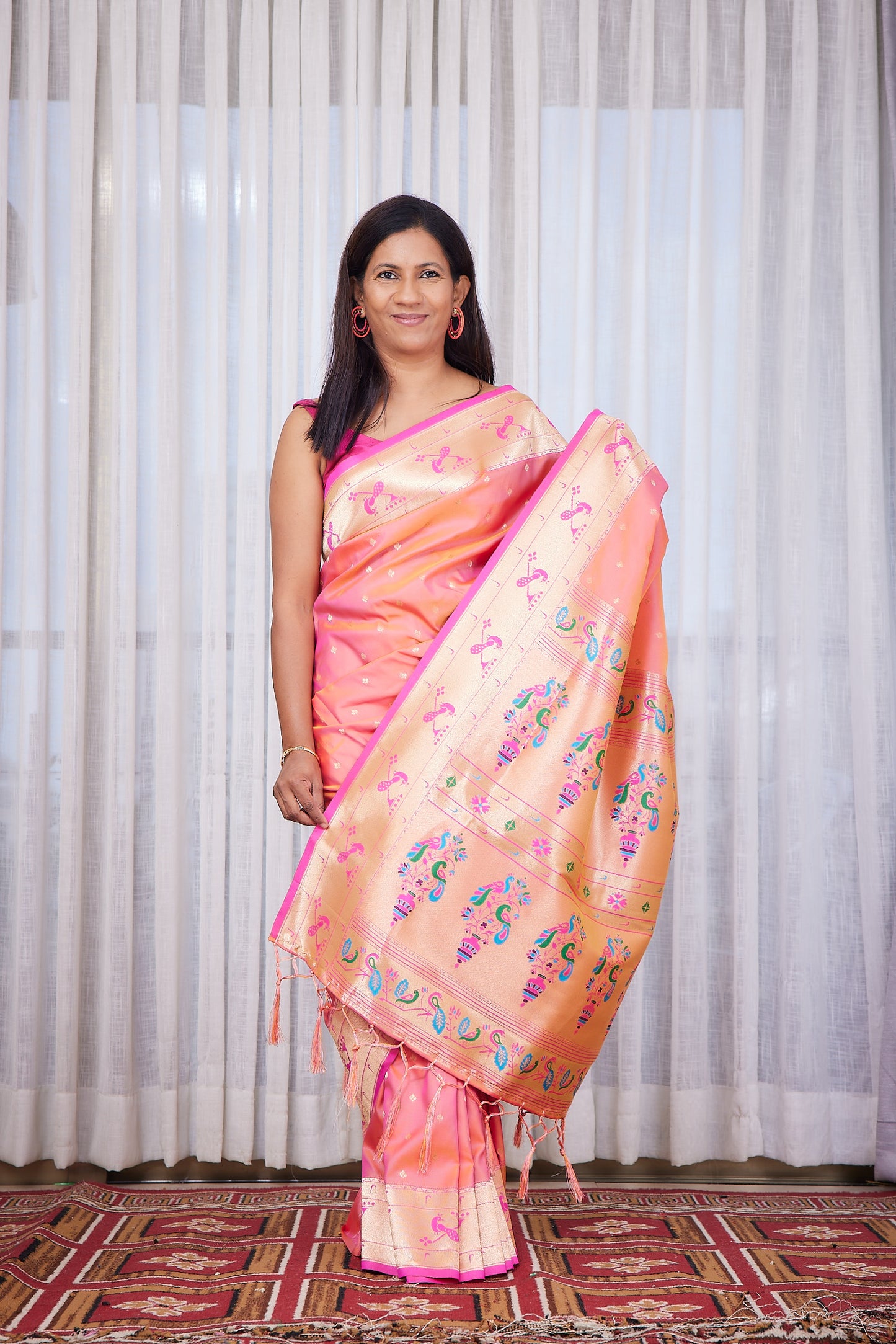 Peach Kanjivaram Silk blend Paithani Saree with unstitched blouse