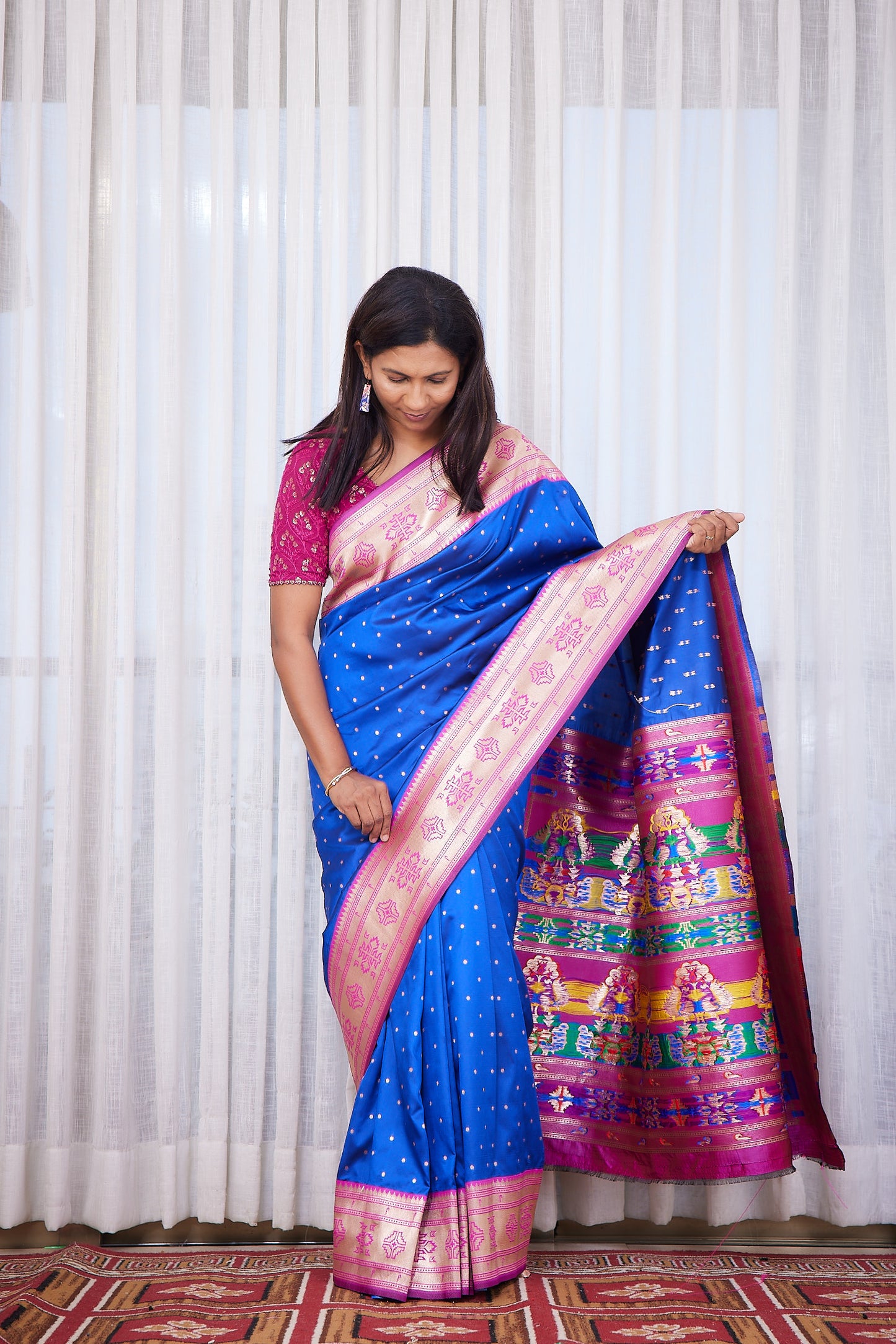 Royal Blue Kanjivaram Silk blend Paithani Saree with unstitched blouse