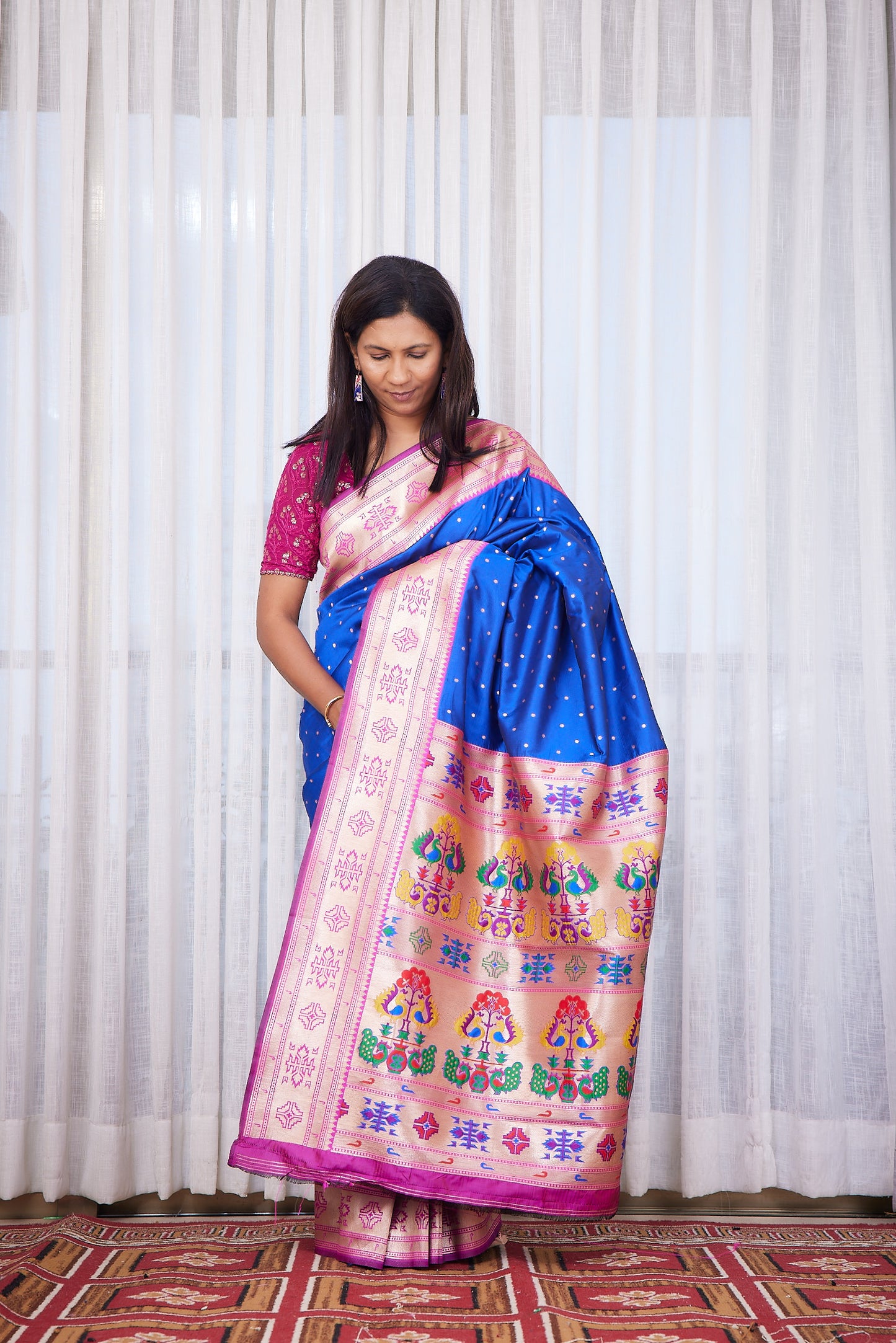 Royal Blue Kanjivaram Silk blend Paithani Saree with unstitched blouse