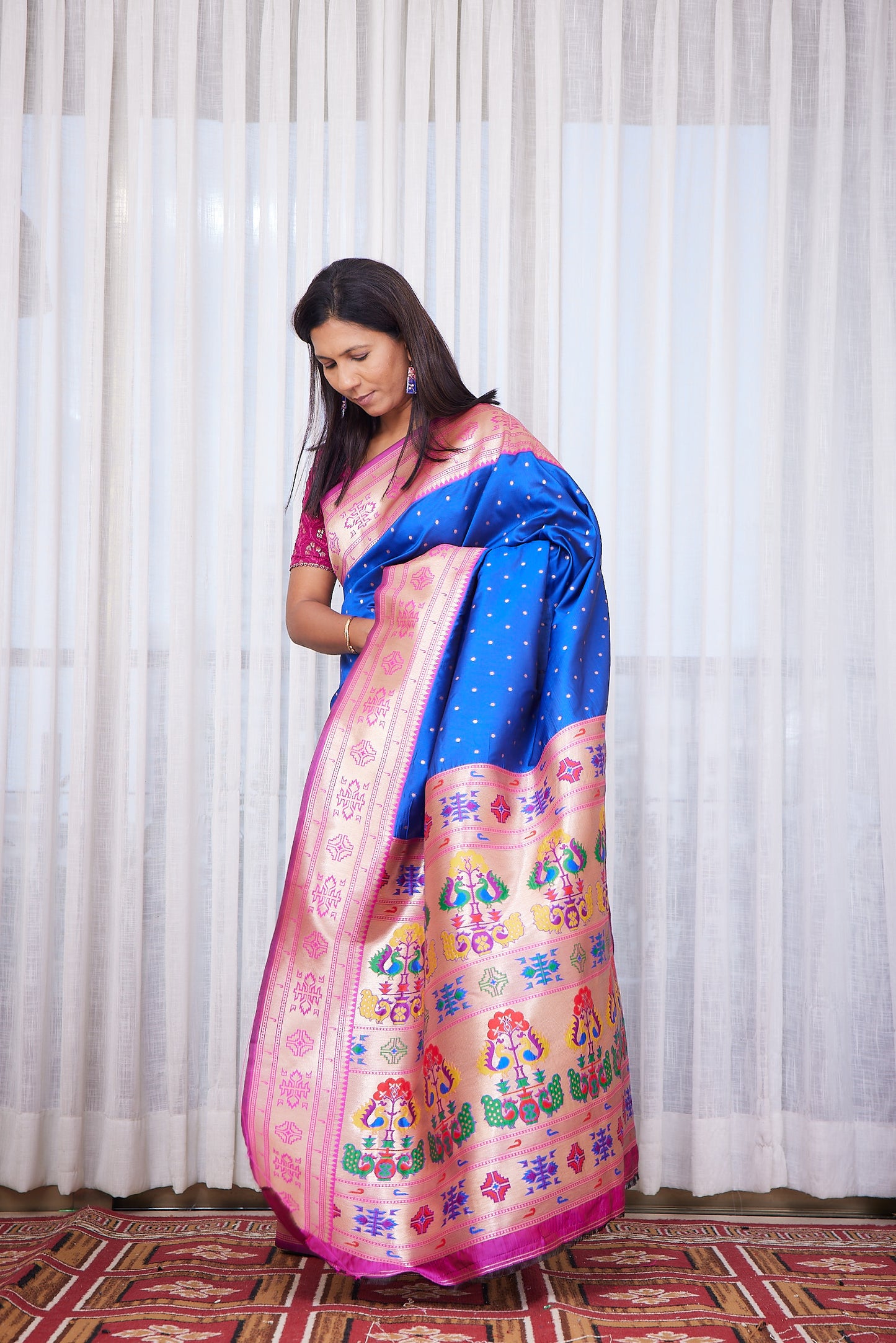 Royal Blue Kanjivaram Silk blend Paithani Saree with unstitched blouse