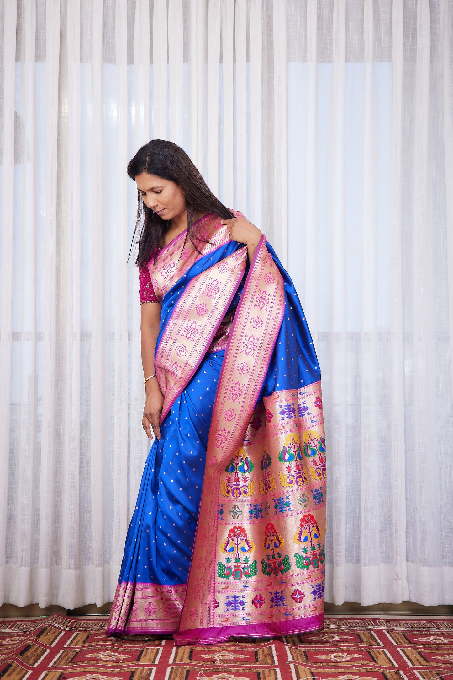Royal Blue Kanjivaram Silk blend Paithani Saree with unstitched blouse