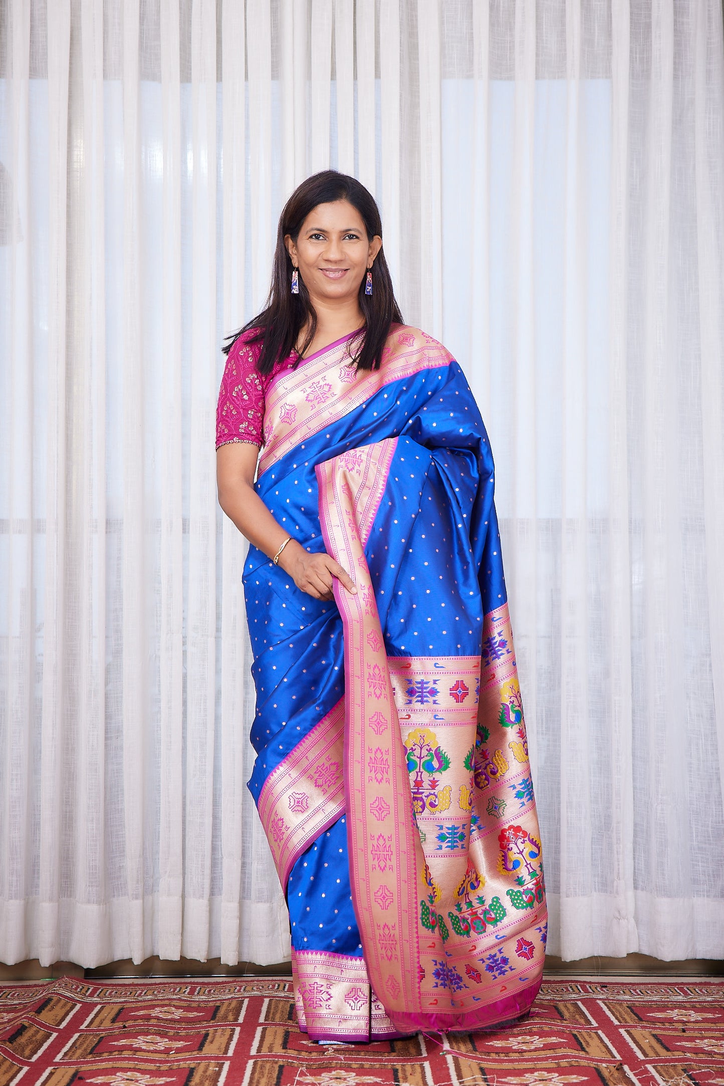 Royal Blue Kanjivaram Silk blend Paithani Saree with unstitched blouse