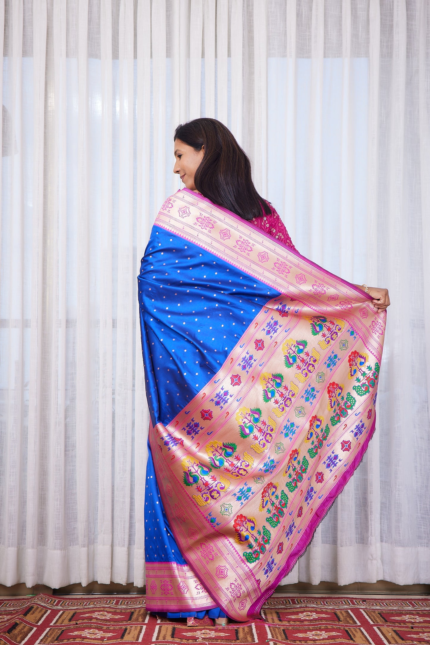 Royal Blue Kanjivaram Silk blend Paithani Saree with unstitched blouse