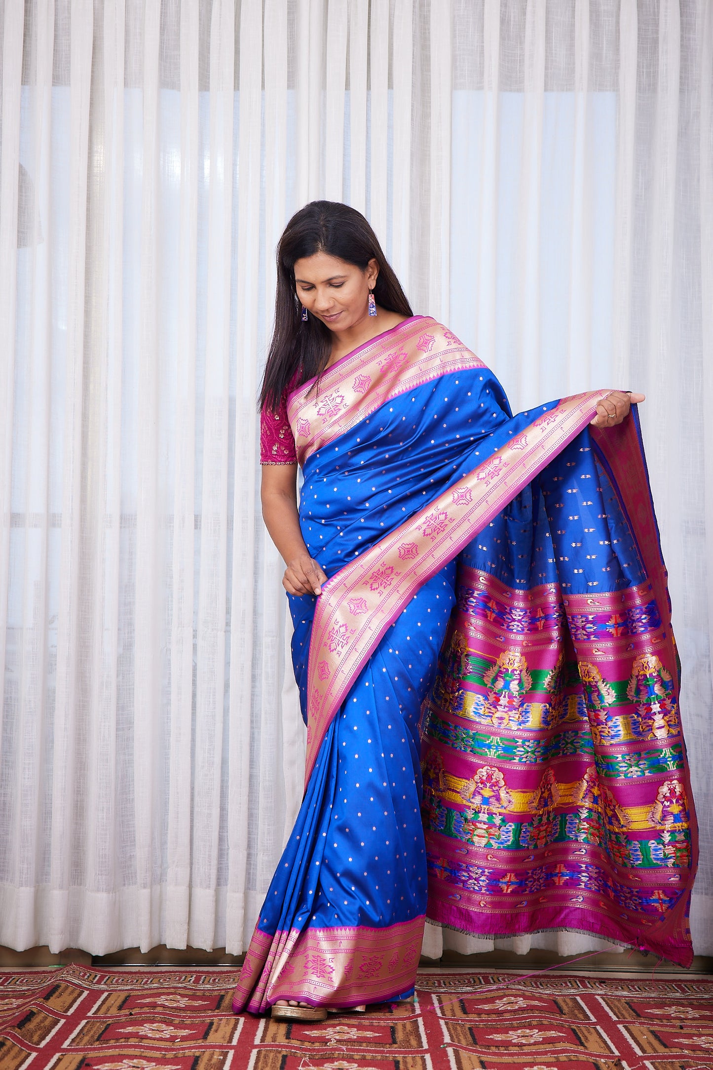 Royal Blue Kanjivaram Silk blend Paithani Saree with unstitched blouse