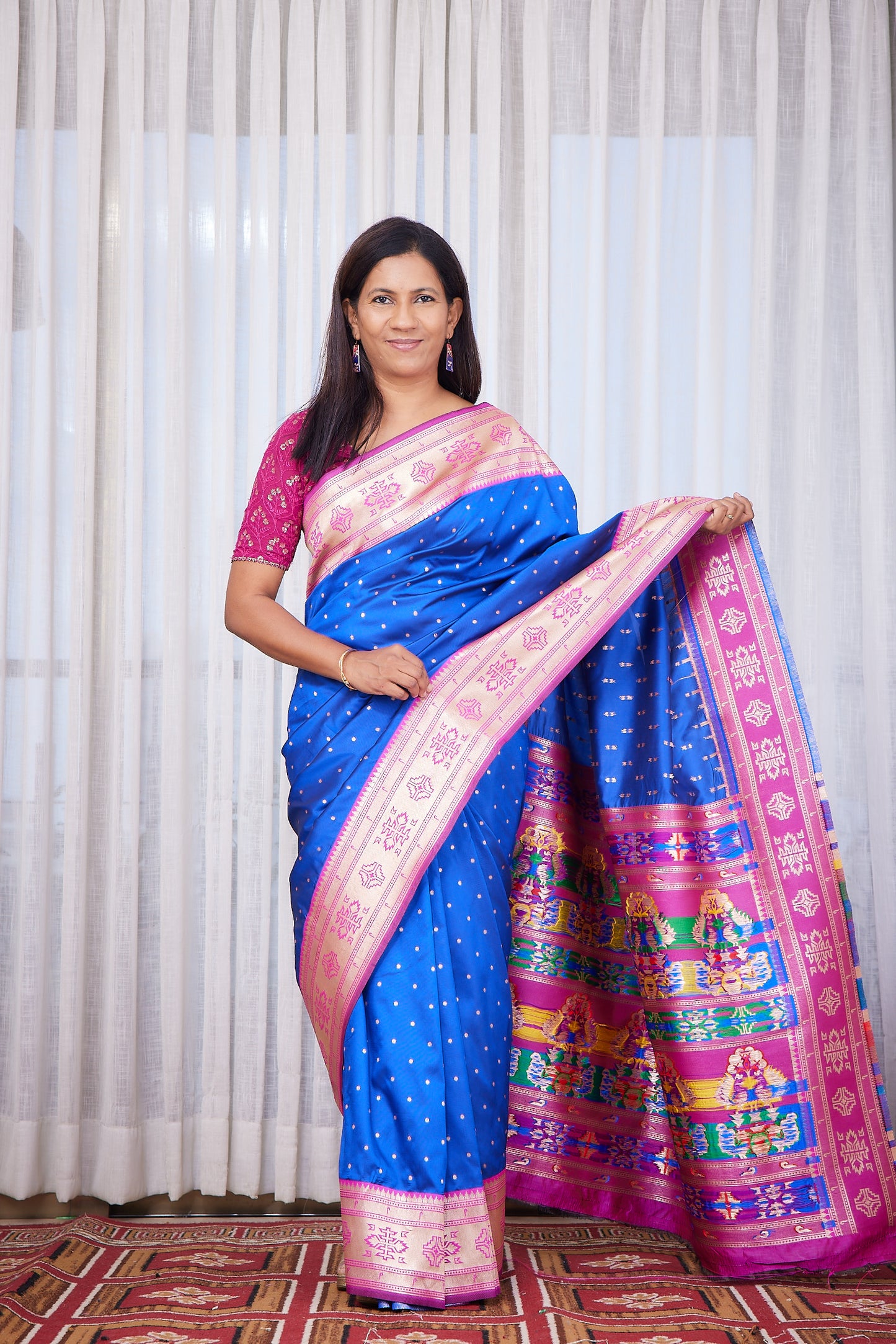 Royal Blue Kanjivaram Silk blend Paithani Saree with unstitched blouse
