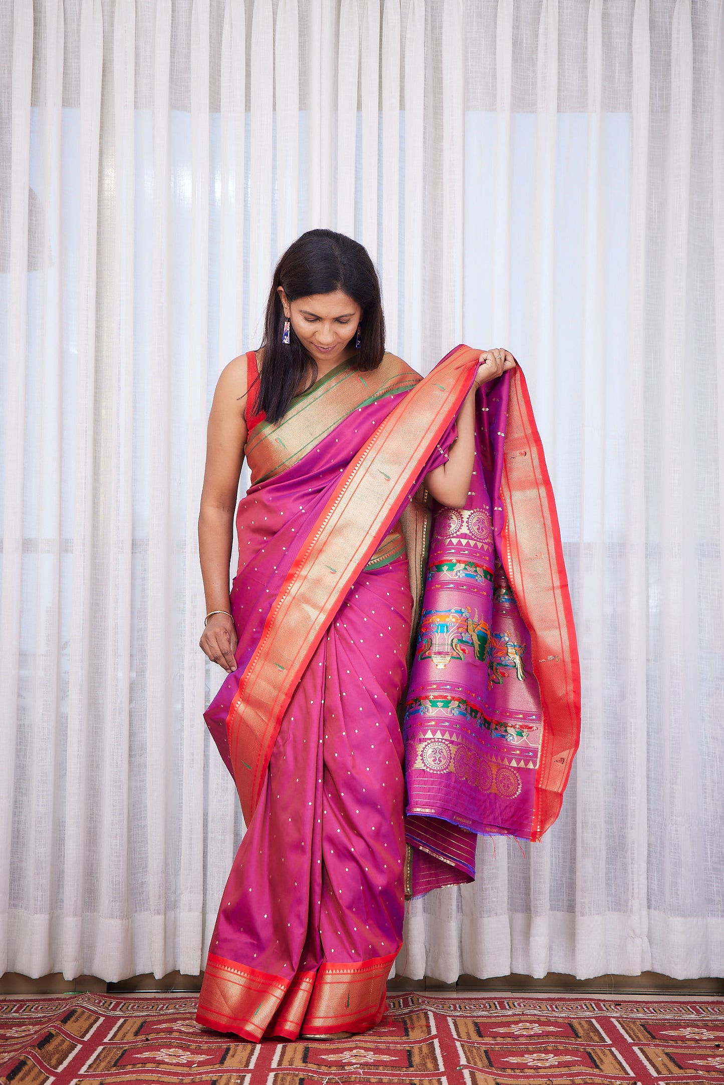 Pink silk blend Paithani Saree Ganga jammuna border with unstitched blouse