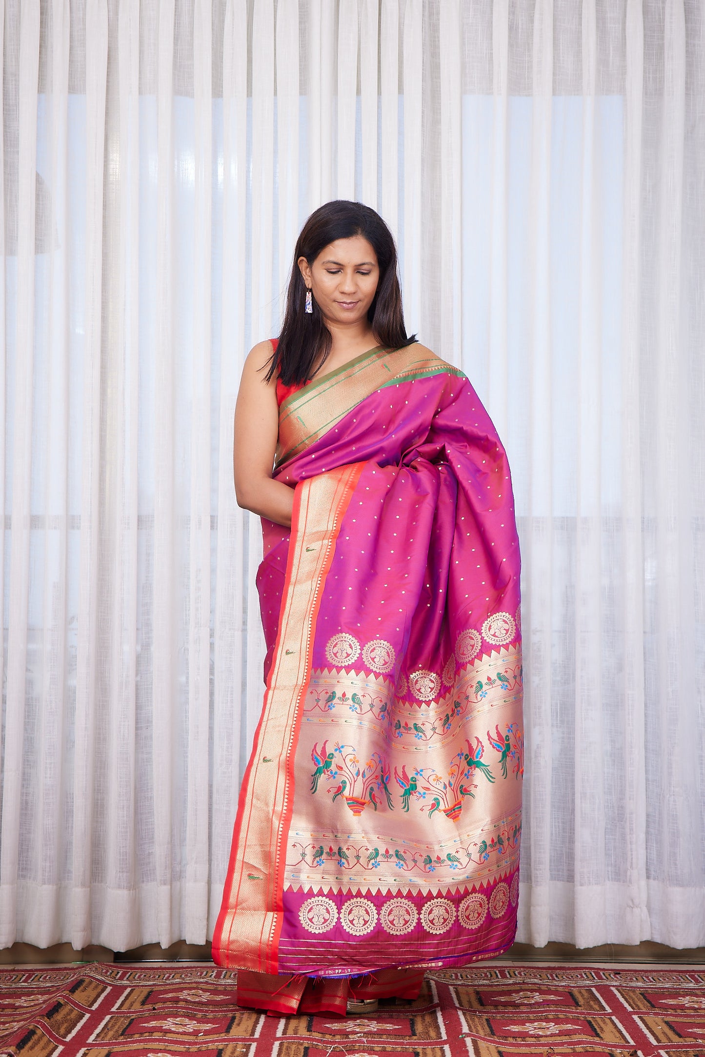 Pink silk blend Paithani Saree Ganga jammuna border with unstitched blouse