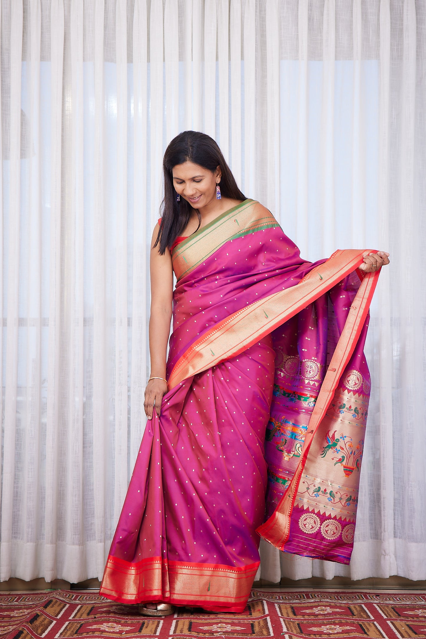 Pink silk blend Paithani Saree Ganga jammuna border with unstitched blouse