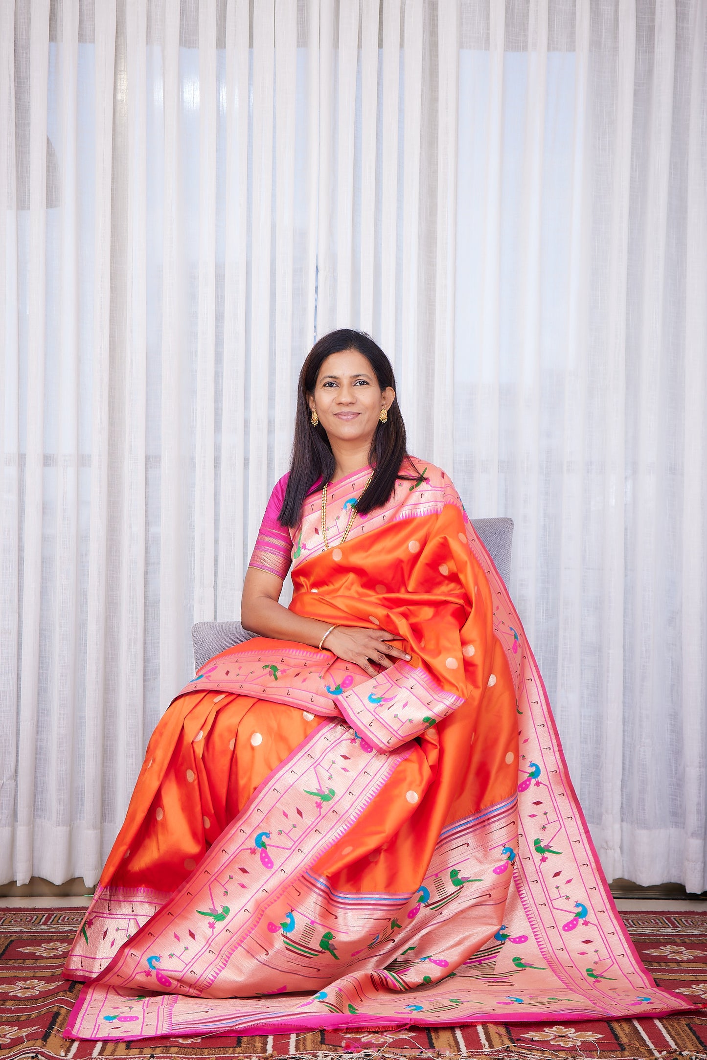 Orange Semi Soft Silk Paithani Saree with unstitched blouse