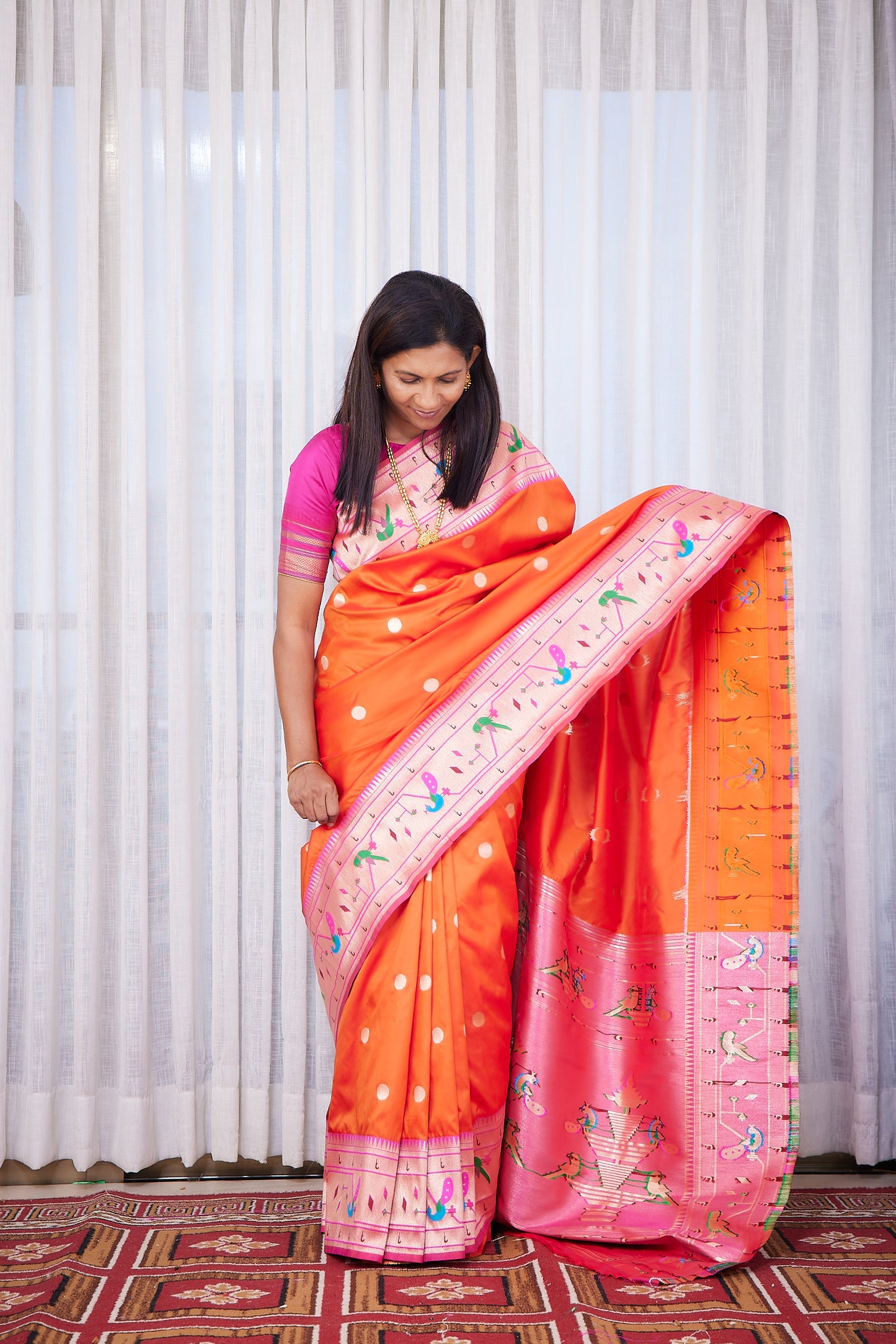 Orange Semi Soft Silk Paithani Saree with unstitched blouse