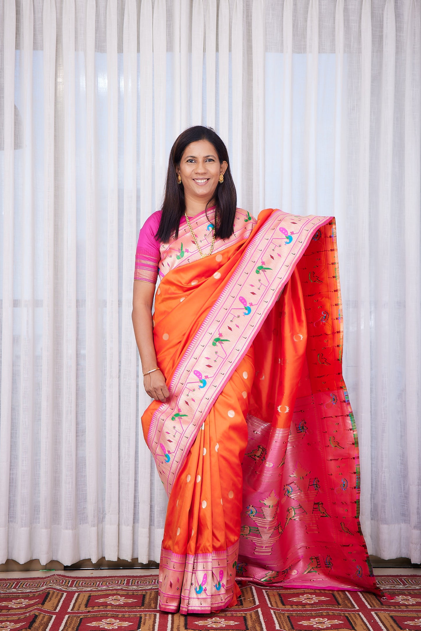 Orange Semi Soft Silk Paithani Saree with unstitched blouse