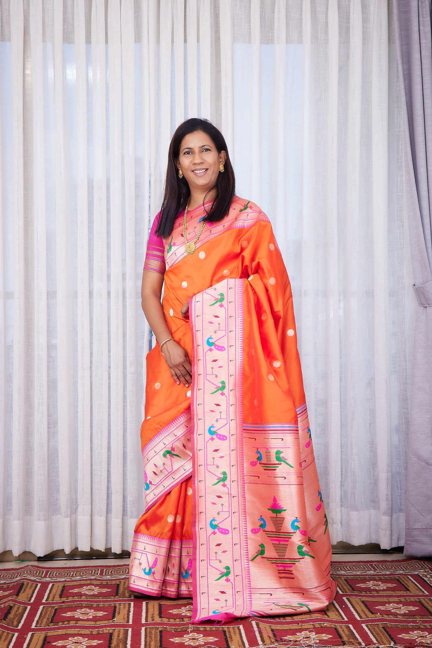 Orange Semi Soft Silk Paithani Saree with unstitched blouse
