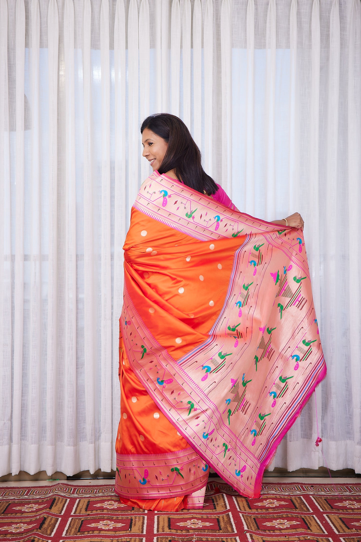Orange Semi Soft Silk Paithani Saree with unstitched blouse