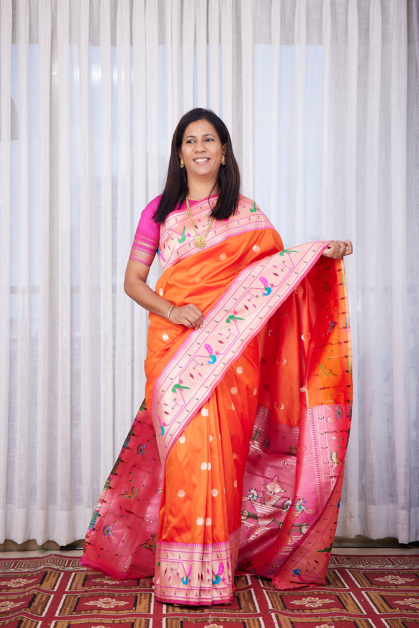 Orange Semi Soft Silk Paithani Saree with unstitched blouse