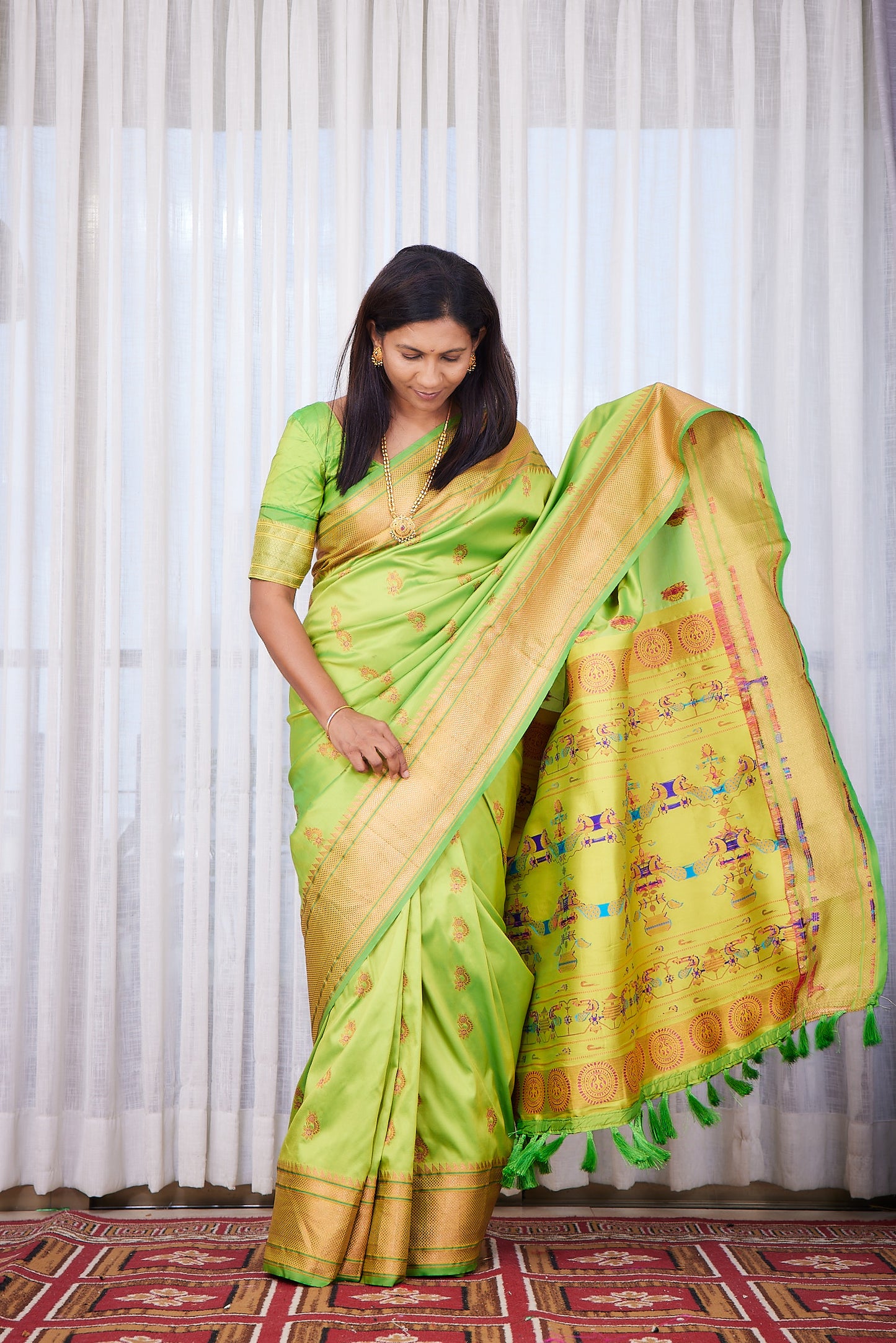 Parrot Green zari woven Nath Paithani Saree with unstitched blouse
