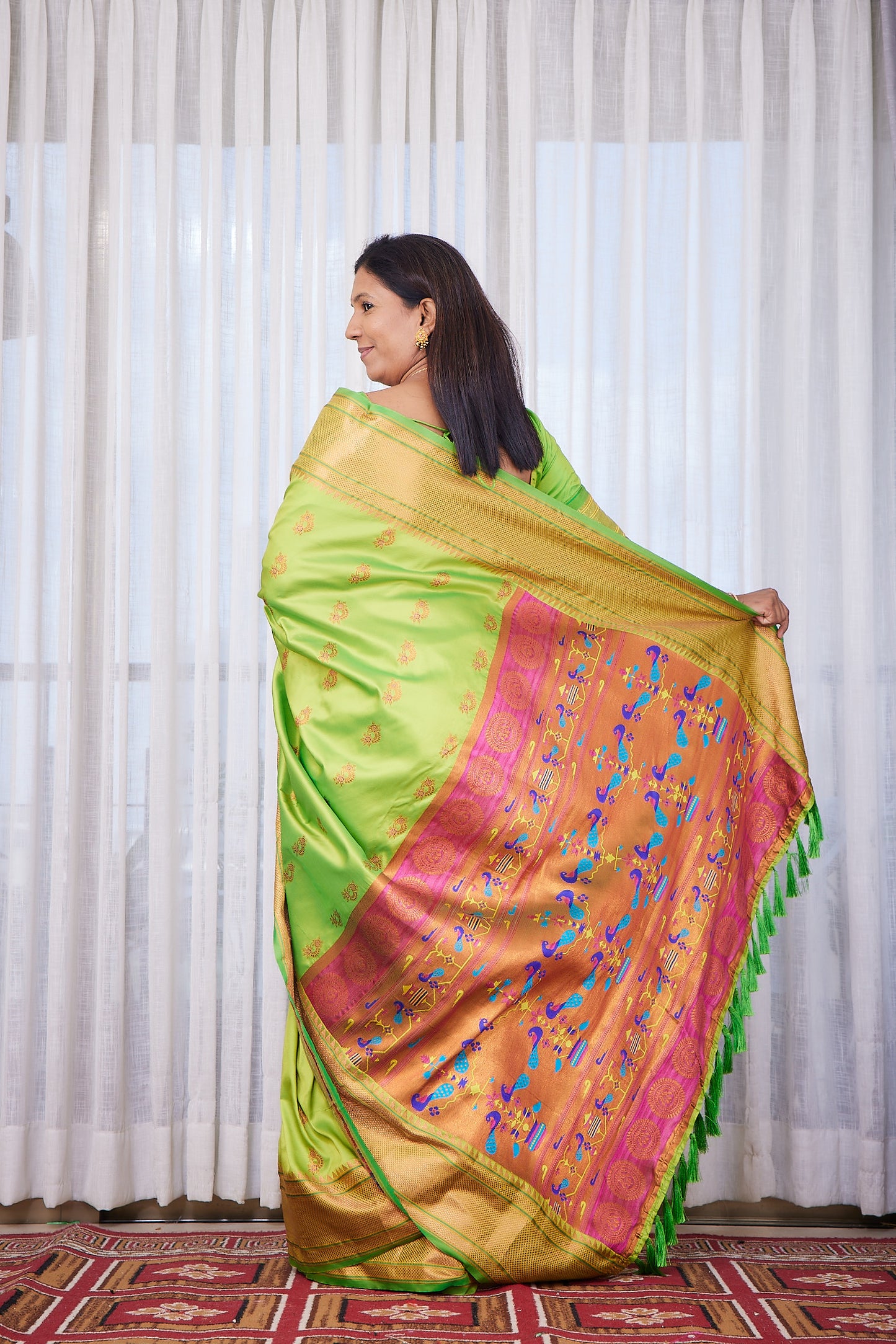 Parrot Green zari woven Nath Paithani Saree with unstitched blouse