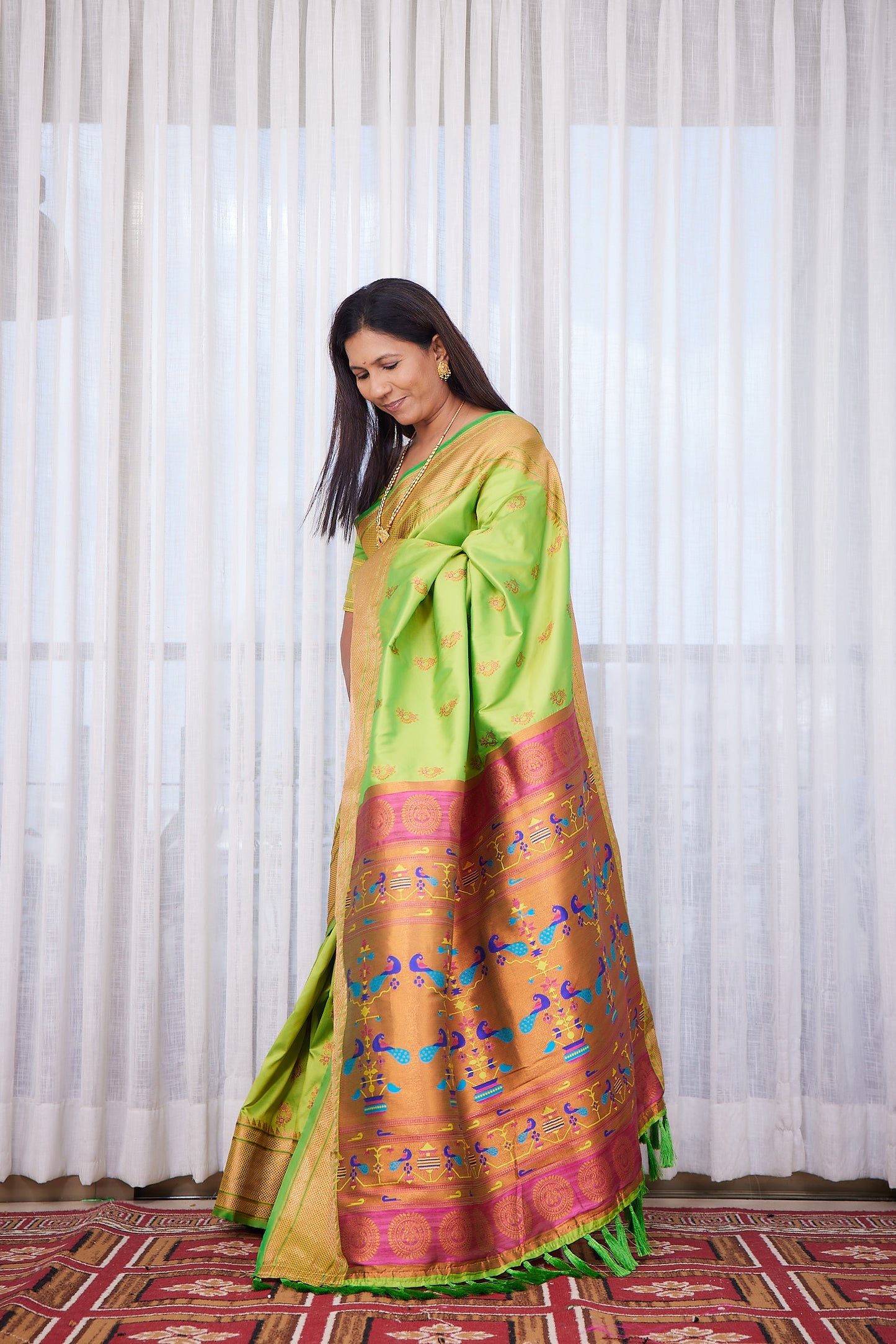 Parrot Green zari woven Nath Paithani Saree with unstitched blouse