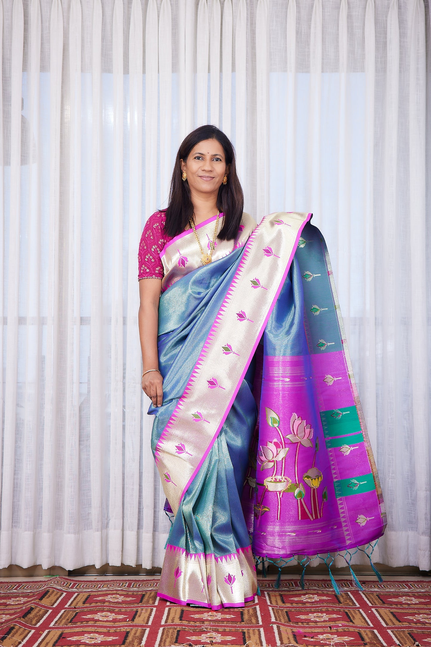 Petrol Blue Kanjivaram Silk blend Tissue Paithani Saree with unstitched blouse