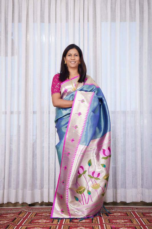 Petrol Blue Kanjivaram Silk blend Tissue Paithani Saree with unstitched blouse
