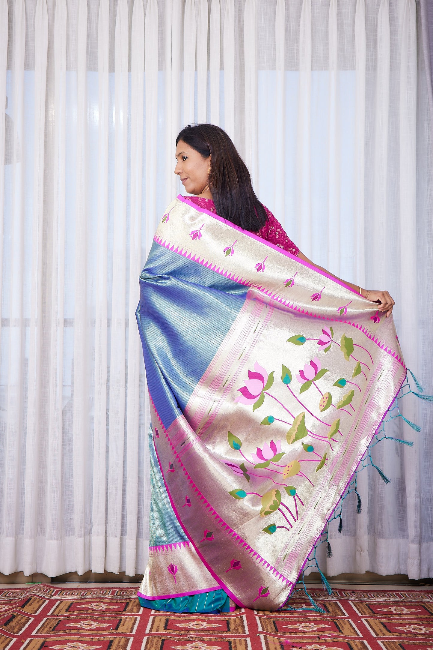 Petrol Blue Kanjivaram Silk blend Tissue Paithani Saree with unstitched blouse