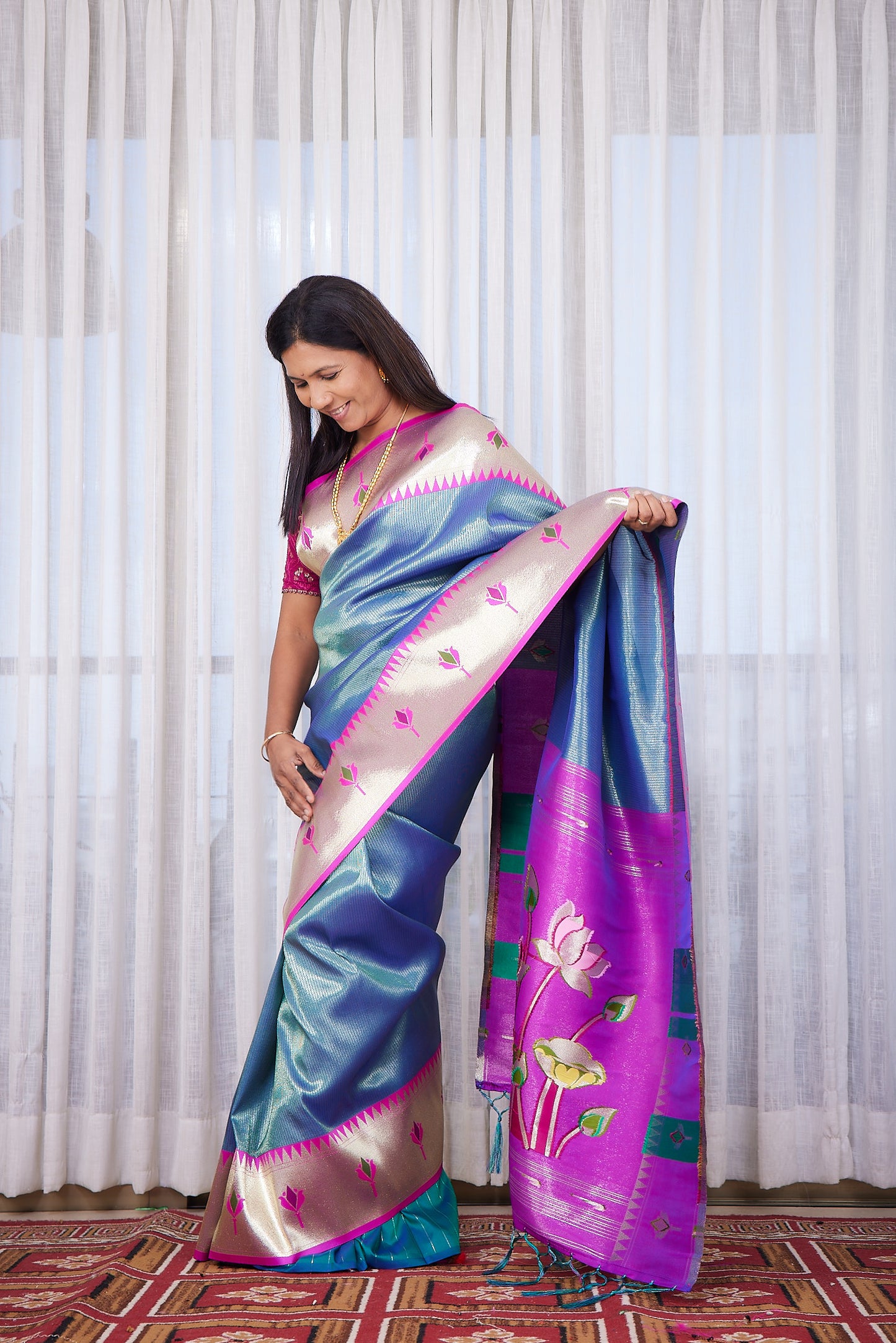 Petrol Blue Gold Zari Lotus Tissue Paithani